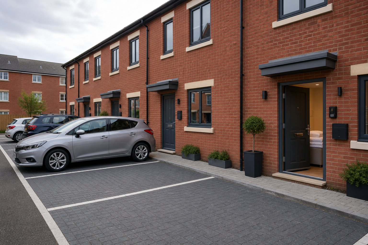 Row of red brick terraced houses with parked cars and an open front door revealing an interior light.