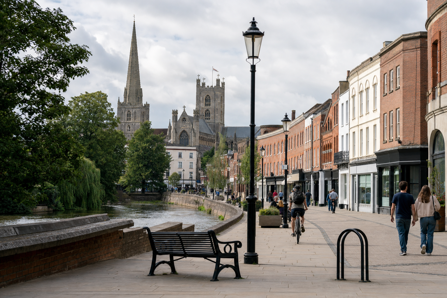 A riverside pathway with a bench, streetlamp, and pedestrians, flanked by historic buildings and a church in the background.