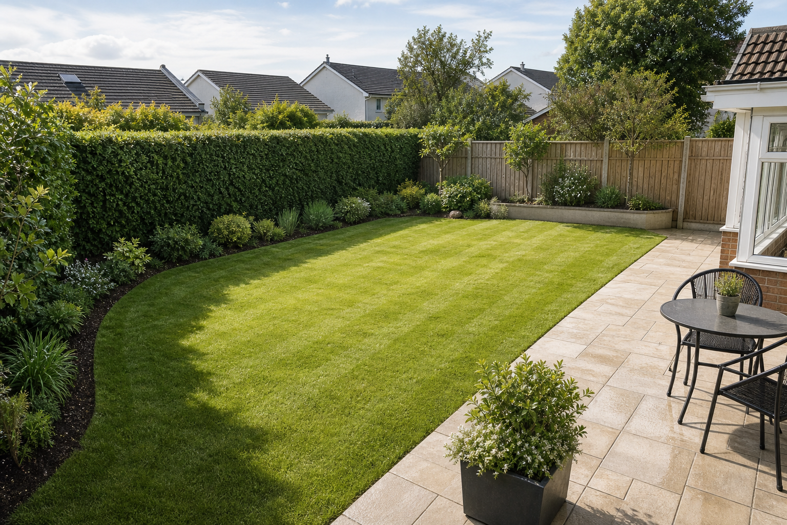 A well-manicured garden with lush green grass, neatly trimmed hedges, and a patio area with outdoor furniture.