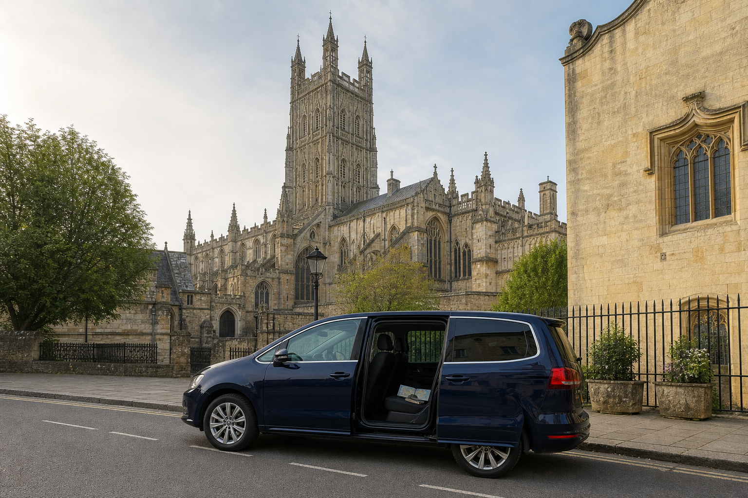 A blue car with an open door parked near an historic cathedral in a city street.