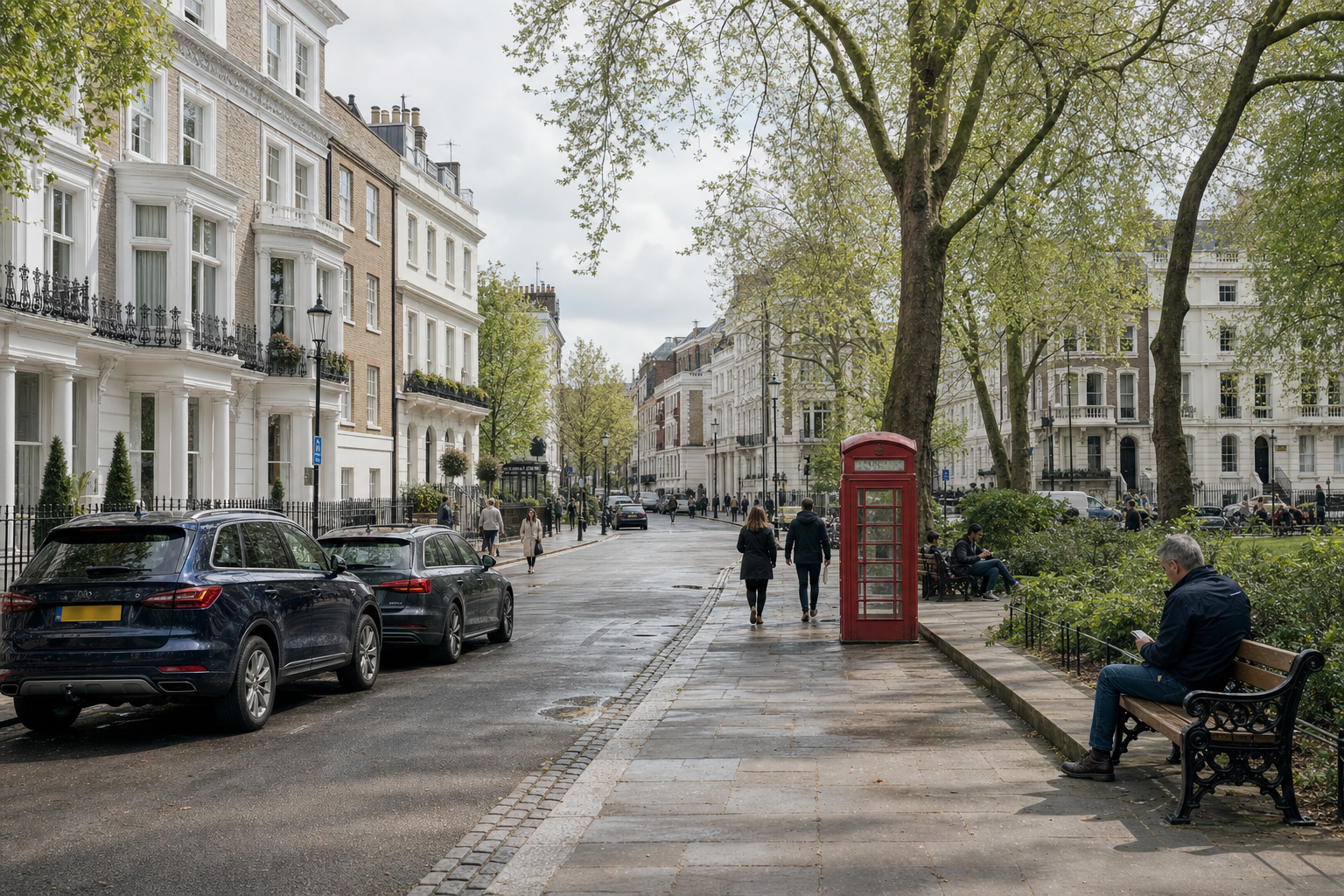 Street scene in a London neighbourhood with a red phone box and people walking past elegant townhouses.