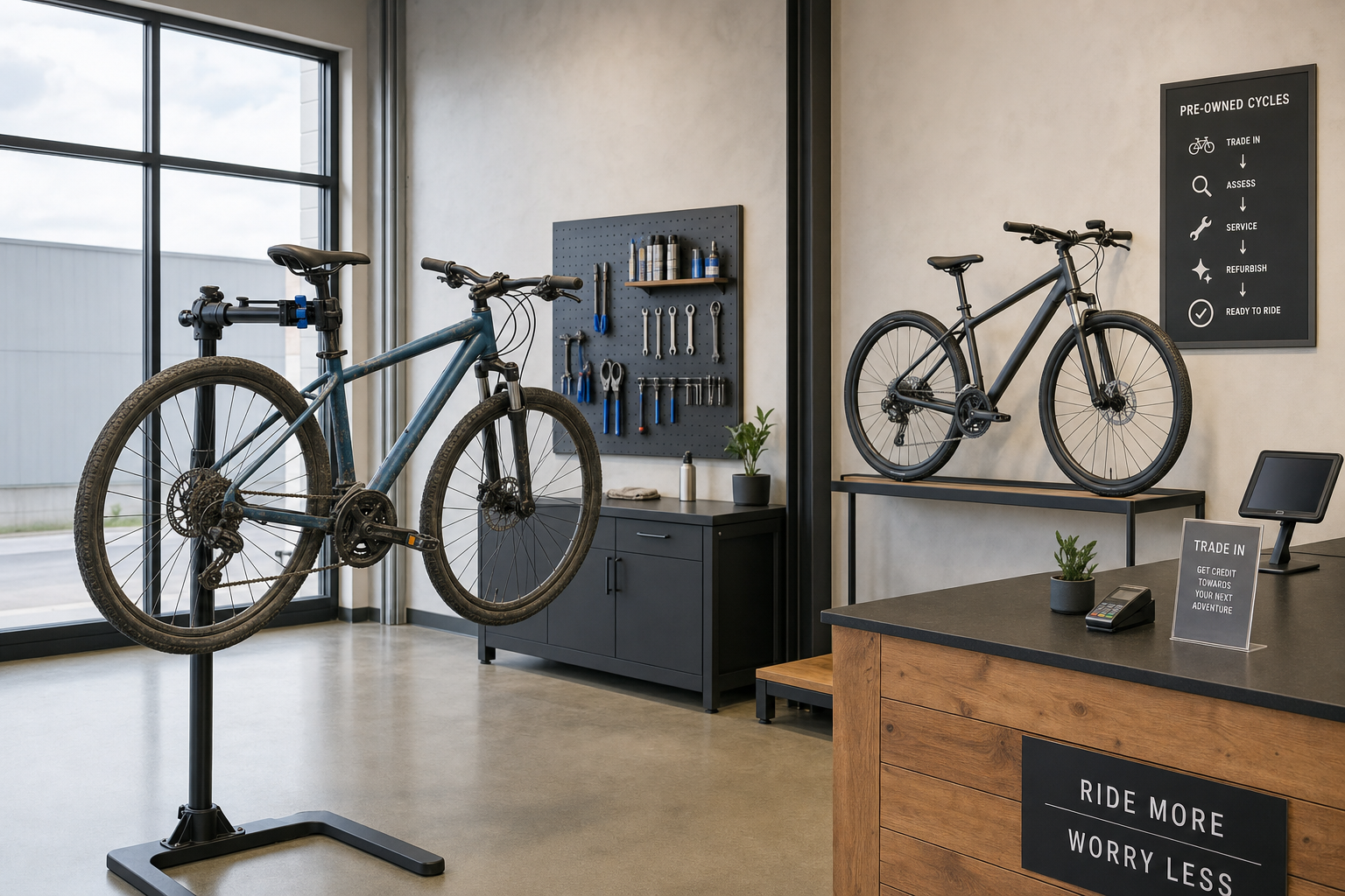 Bicycle repair shop with a bike on a stand, tools on the wall, and a counter with a trade-in promotion.