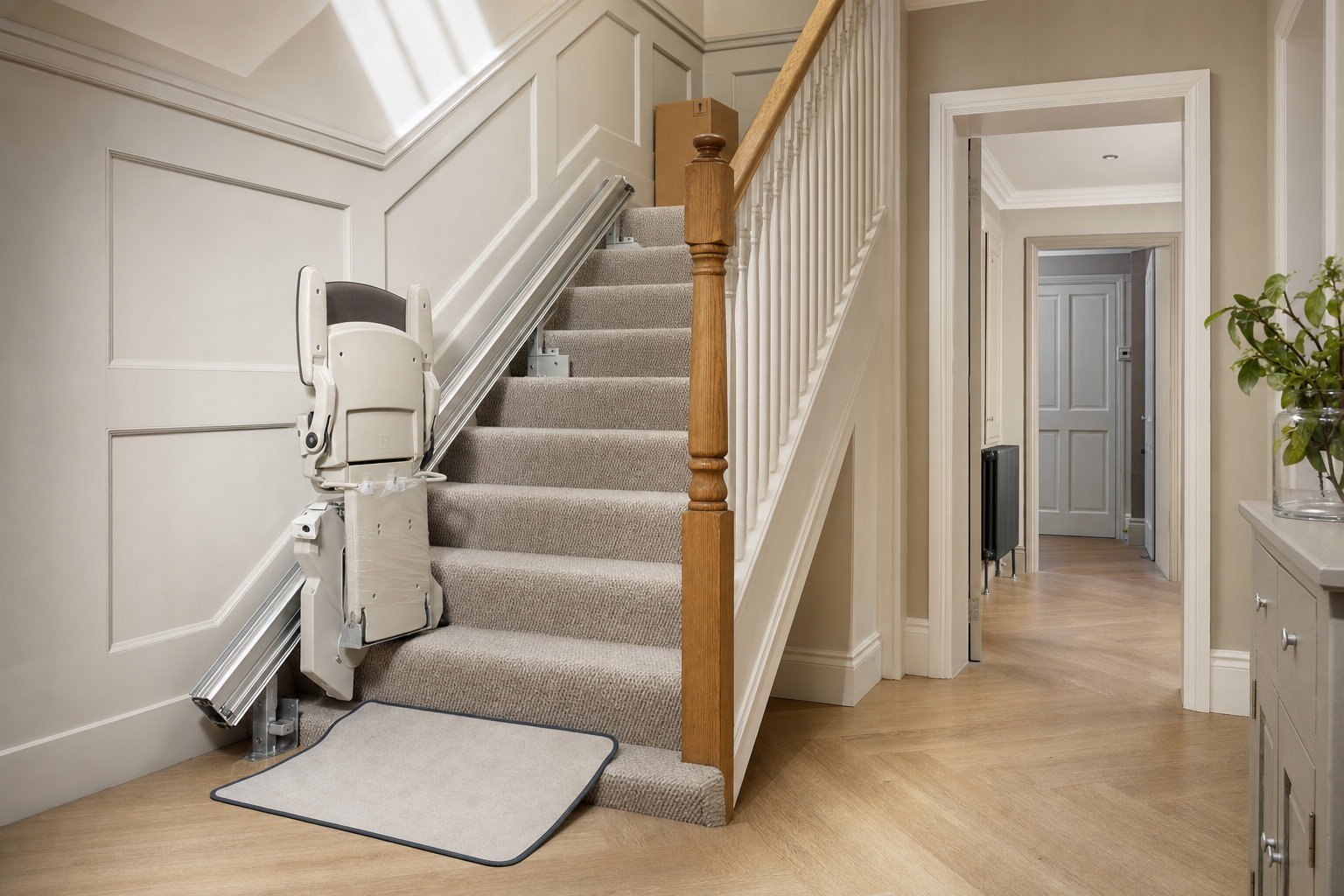 A beige stairlift installed on a carpeted staircase in a modern hallway.