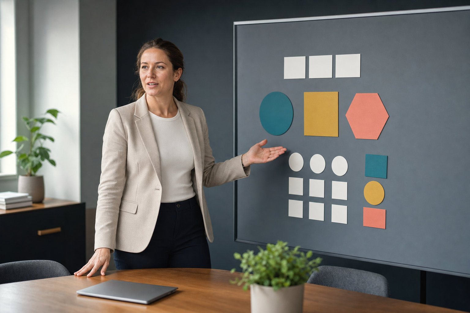 A woman in a beige blazer presents colourful geometric shapes on a board in a modern office setting.