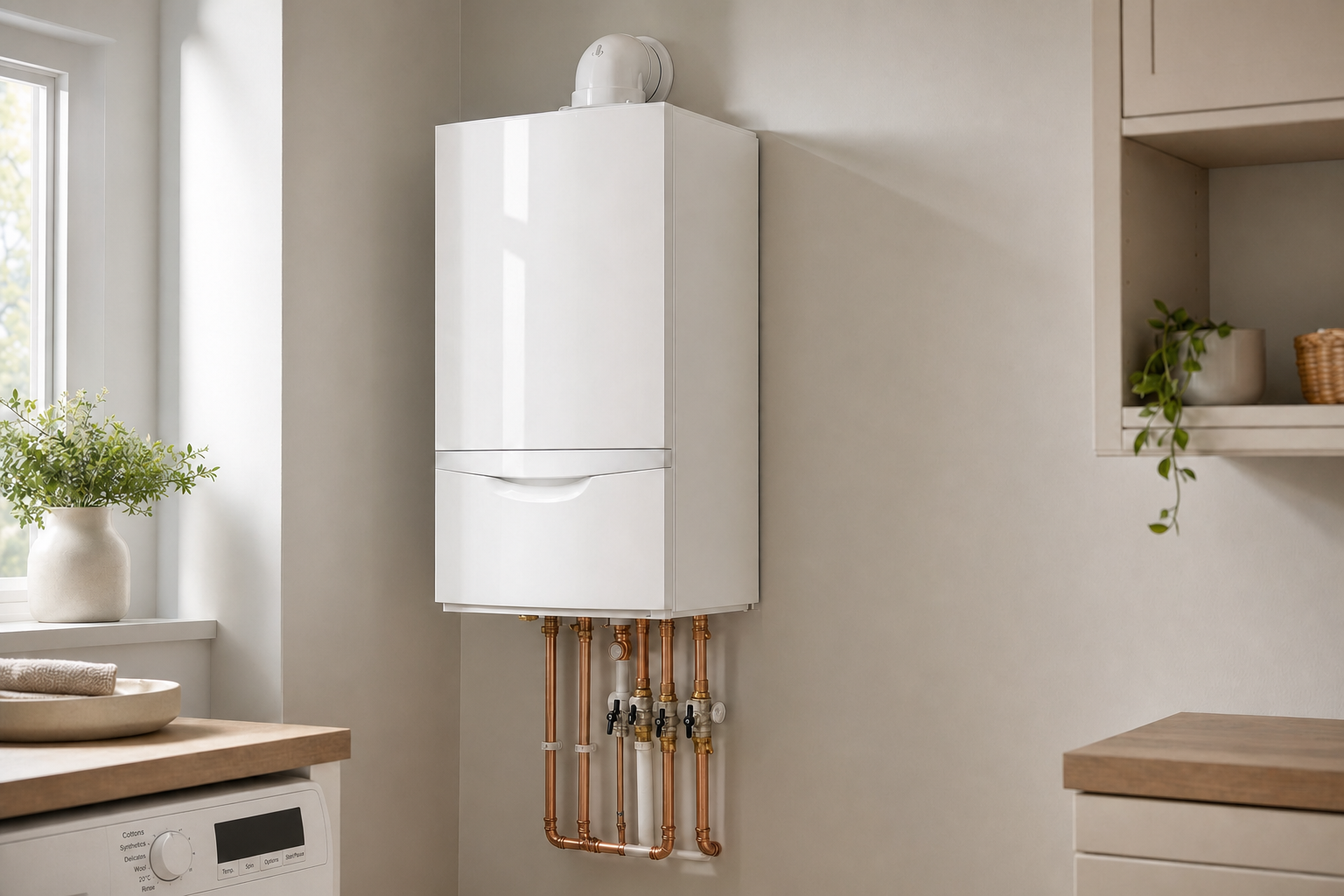A modern white boiler with exposed copper pipes is mounted on a beige kitchen wall.
