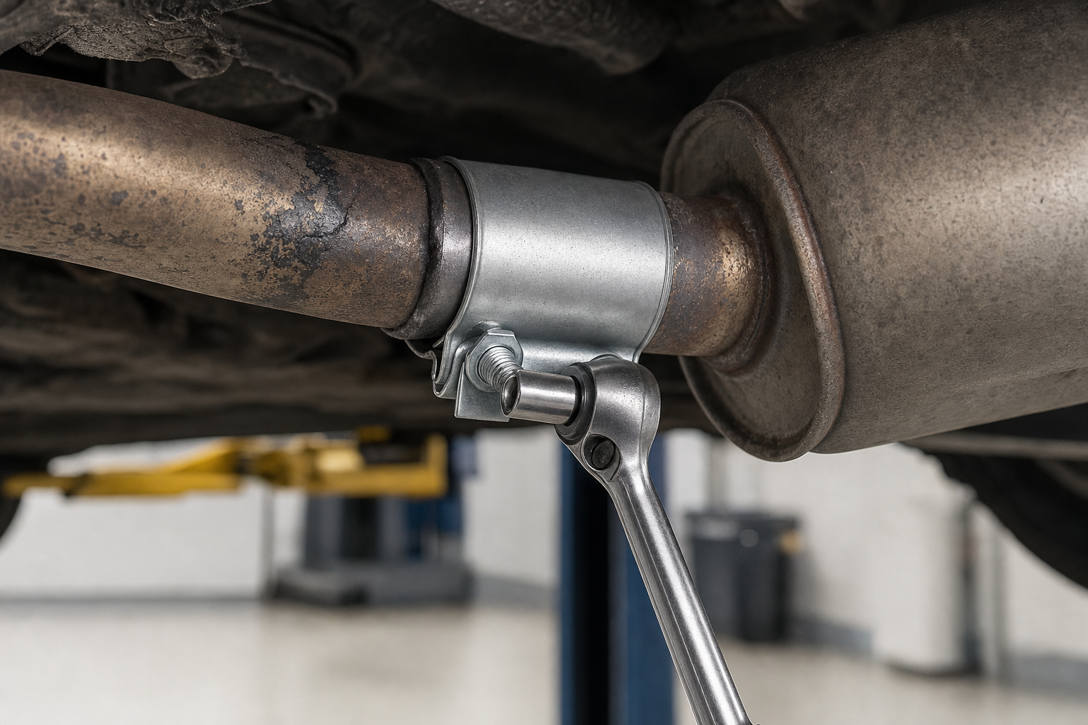 A socket wrench tightens a clamp on a car's exhaust pipe inside a garage.