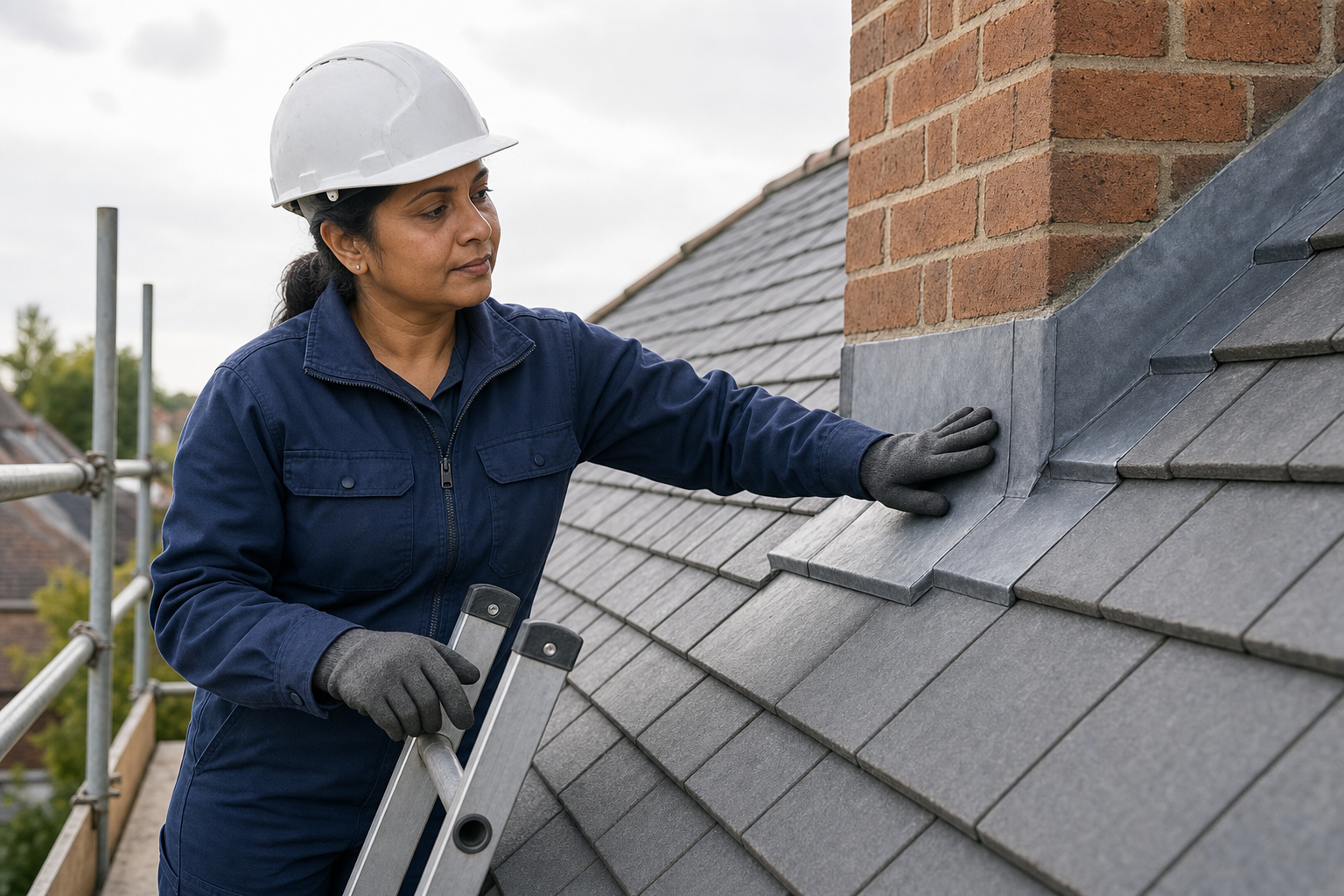 A female construction worker inspects roof shingles near a chimney while standing on a ladder.