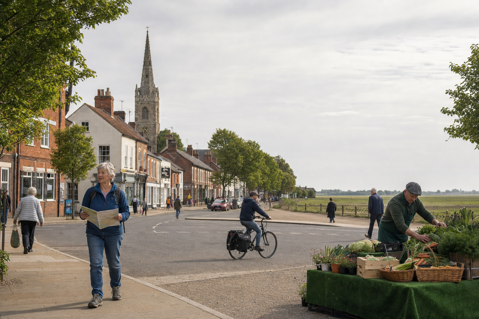 A person browses a map while strolling past a church and market stall on a village street with a cyclist nearby.
