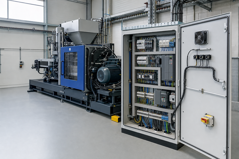 Industrial injection moulding machine with an open electrical panel in a clean factory setting.