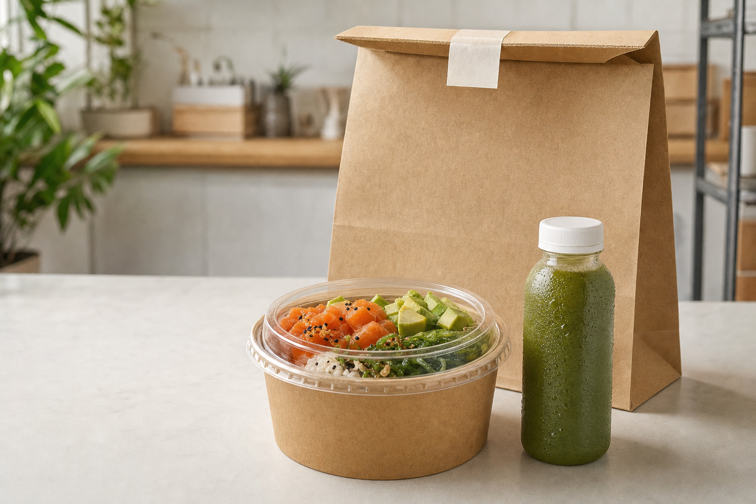Brown paper bag with a poke bowl and chilled green juice on a kitchen counter.
