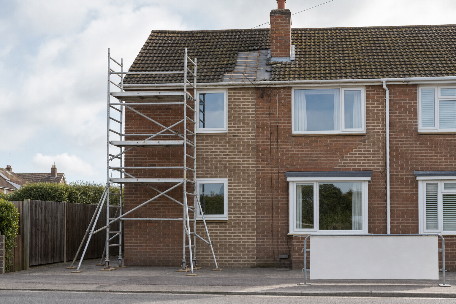 A brick house undergoing roof repairs with scaffolding at the side and a safety barrier in front.