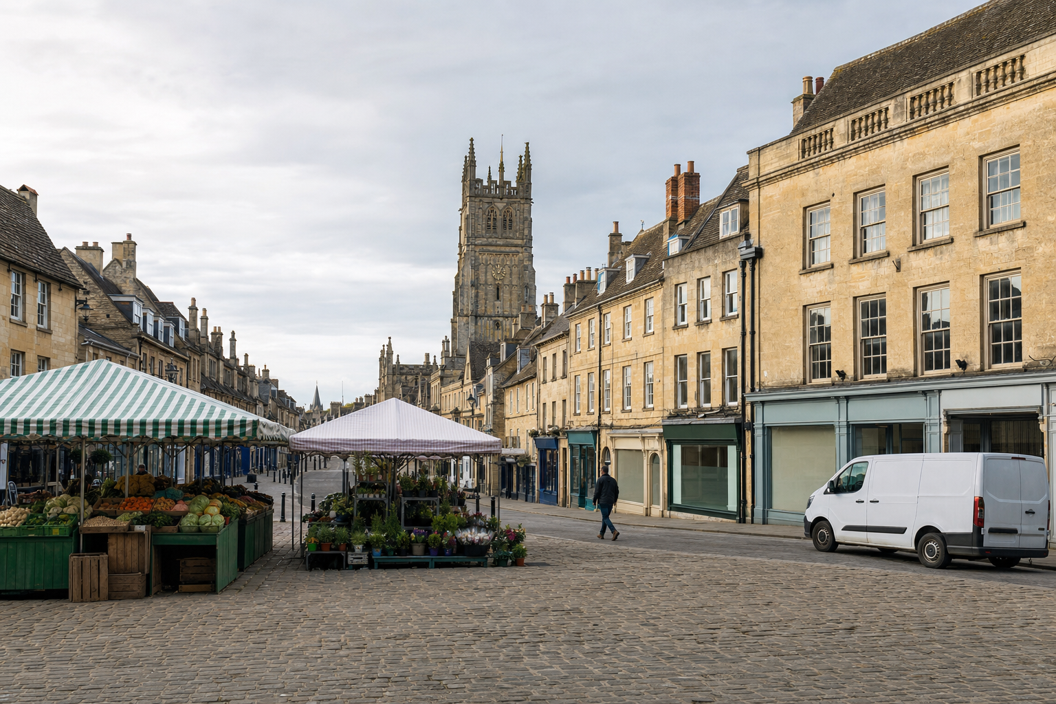 A market square with stalls and a historic church tower in a quaint English town.