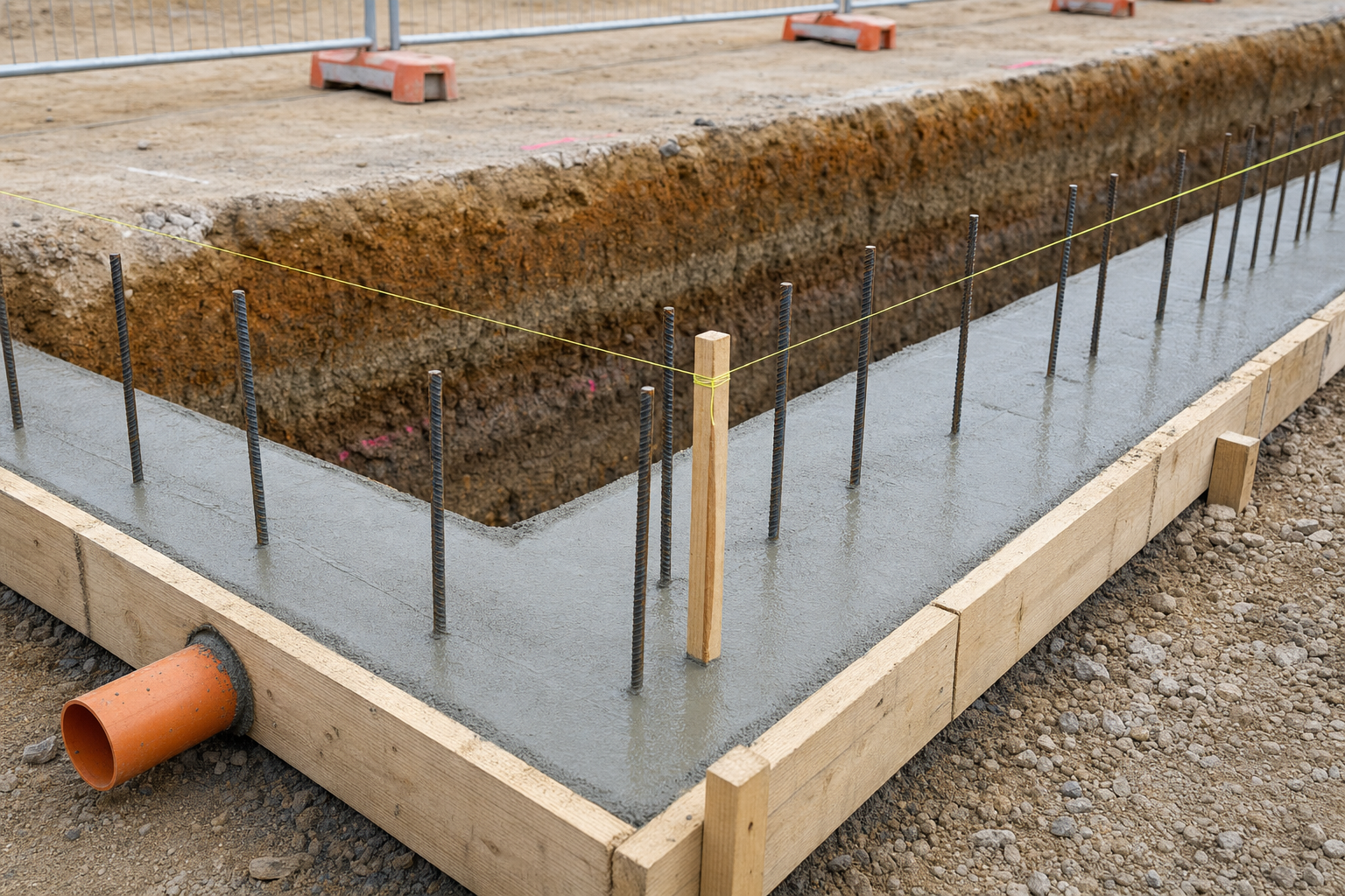 Concrete foundation with metal rebar and a drainage pipe under construction, surrounded by wooden formwork.
