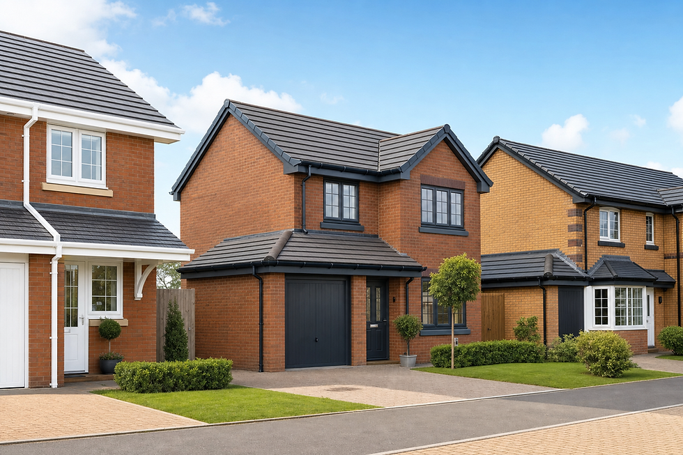 Modern brick houses with neat gardens and grey roofs on a sunny day.