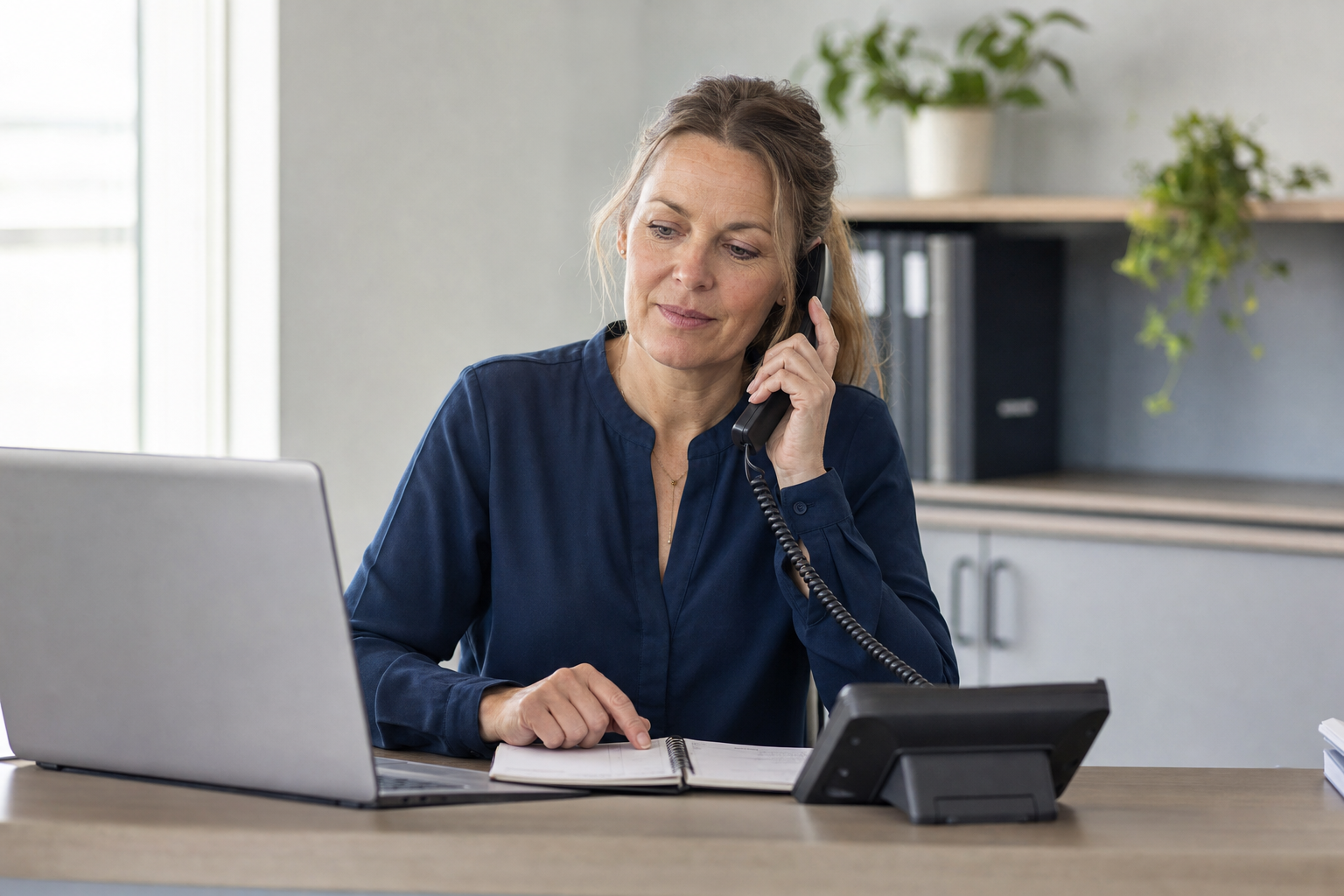 Woman in a navy blouse speaking on the phone while taking notes at a desk with a laptop.