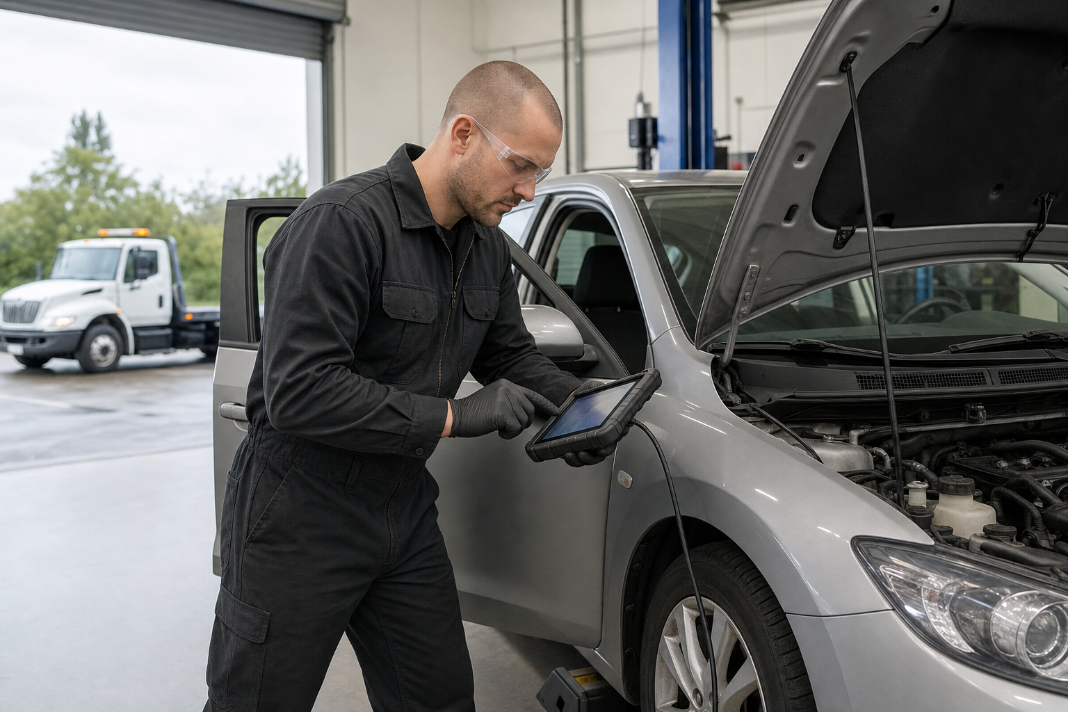 Mechanic using a tablet to diagnose a car with an open bonnet in a garage.