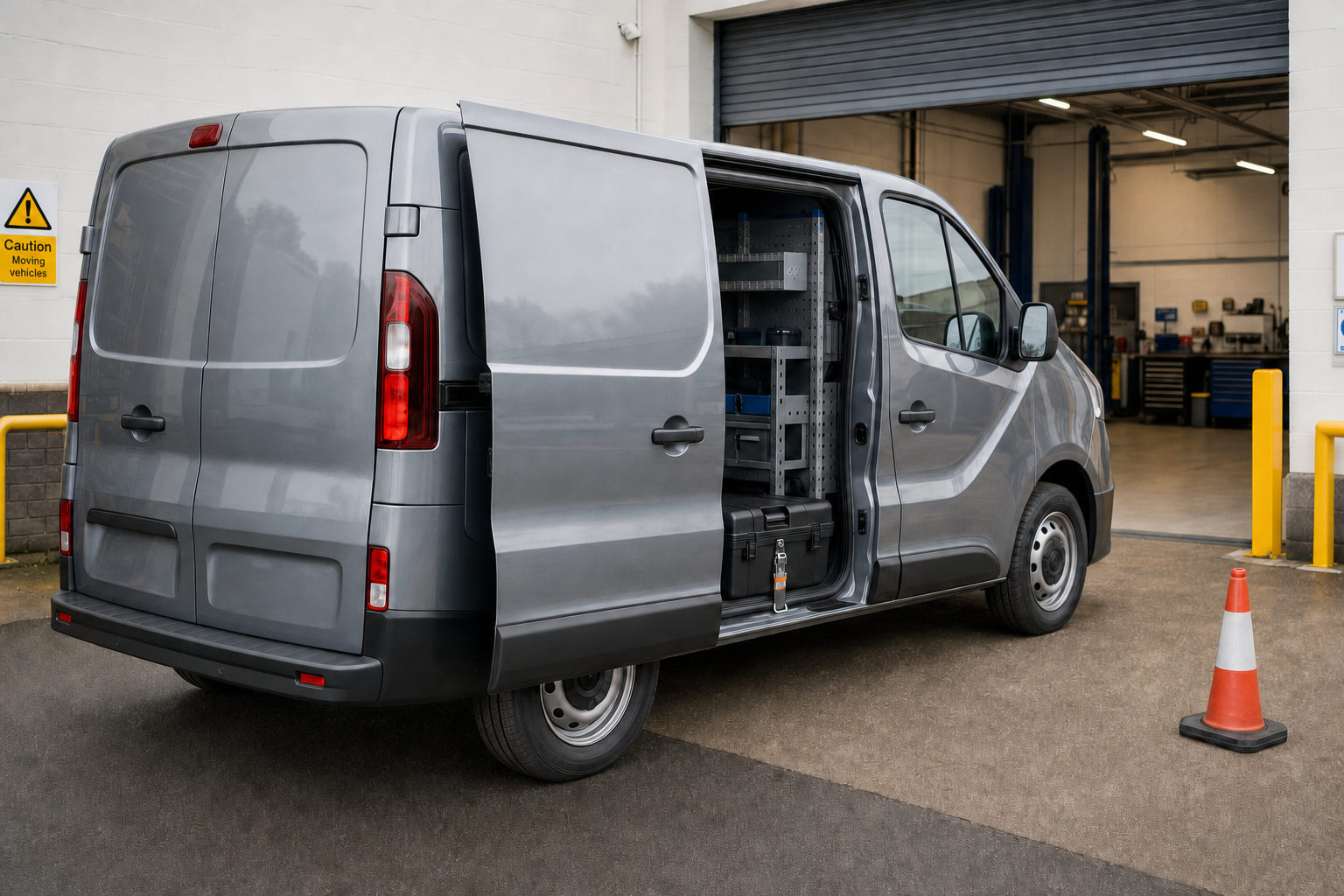 A grey delivery van with an open side door parked outside a garage, showing interior storage shelves.