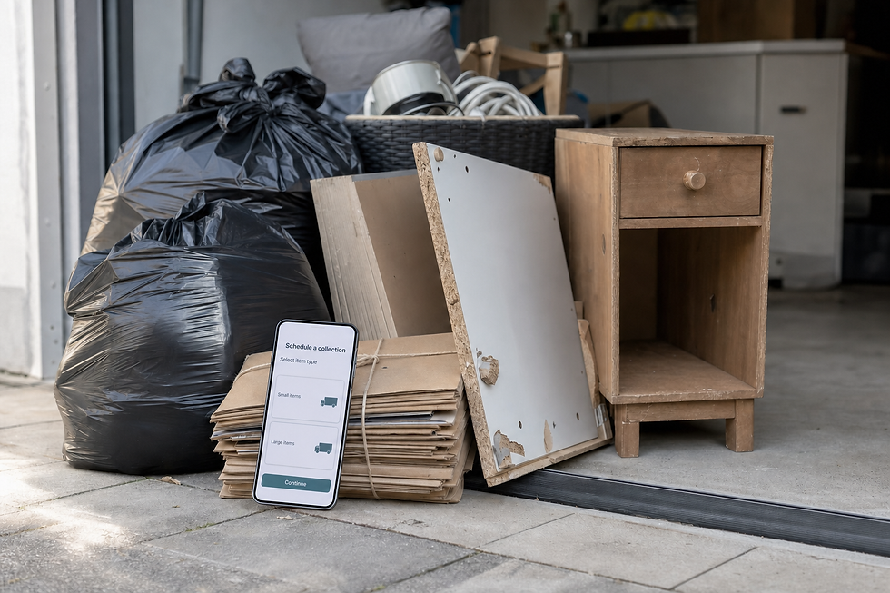 Old furniture and bags of rubbish next to a smartphone showing a collection scheduling app.