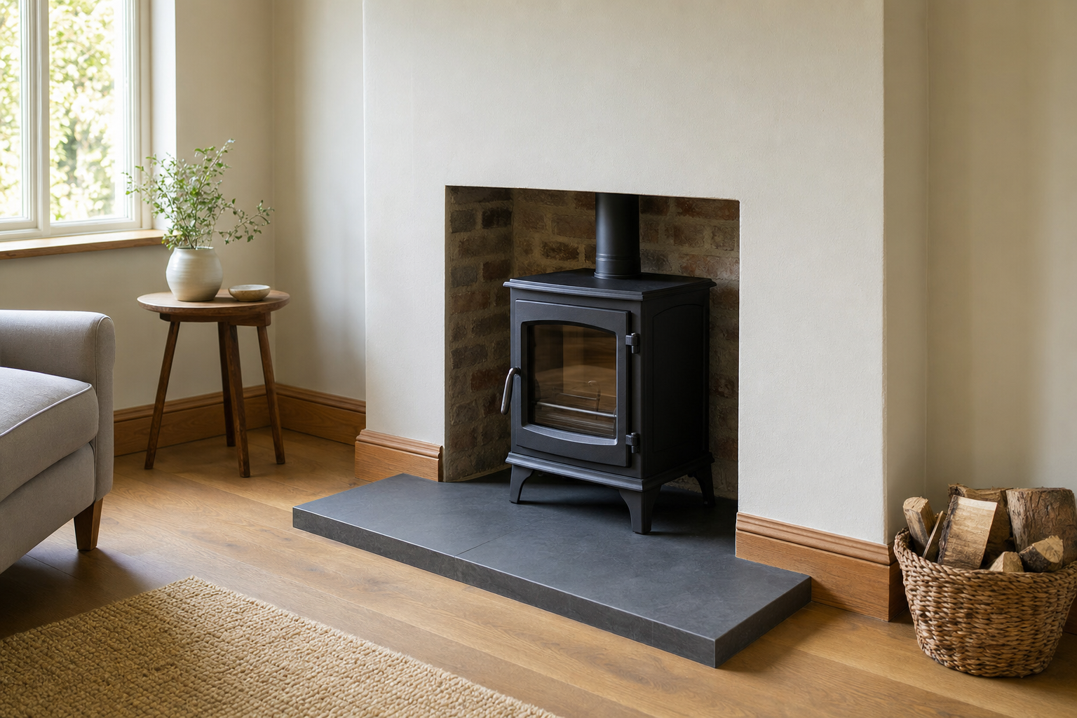 A modern black wood-burning stove in a cosy living room with a wicker basket of logs nearby.