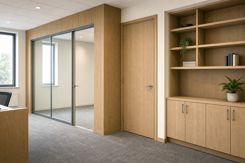 Modern office interior with wooden furniture, large windows, grey carpet, and wall shelves with potted plants.