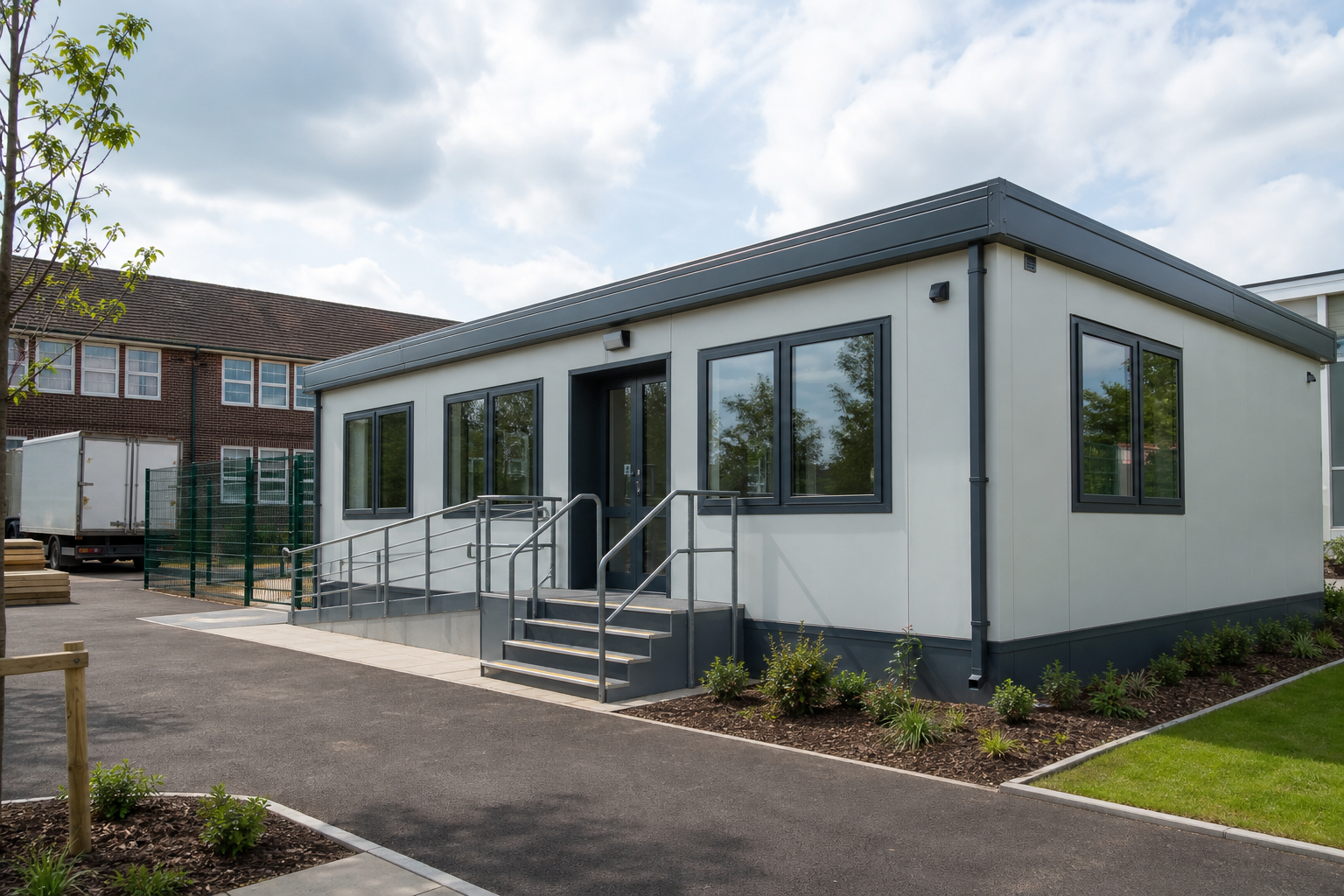 Modern modular building with large windows and a small staircase in a landscaped setting.