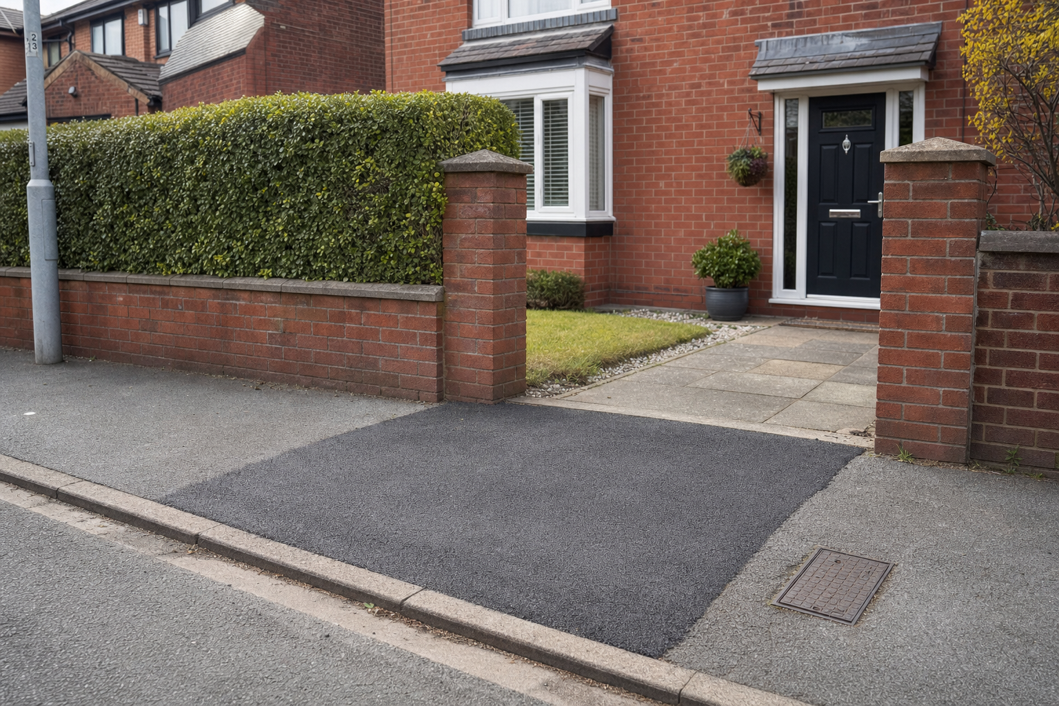 Redbrick house with a black front door, flanked by a hedge and two pillars beside a freshly paved driveway.