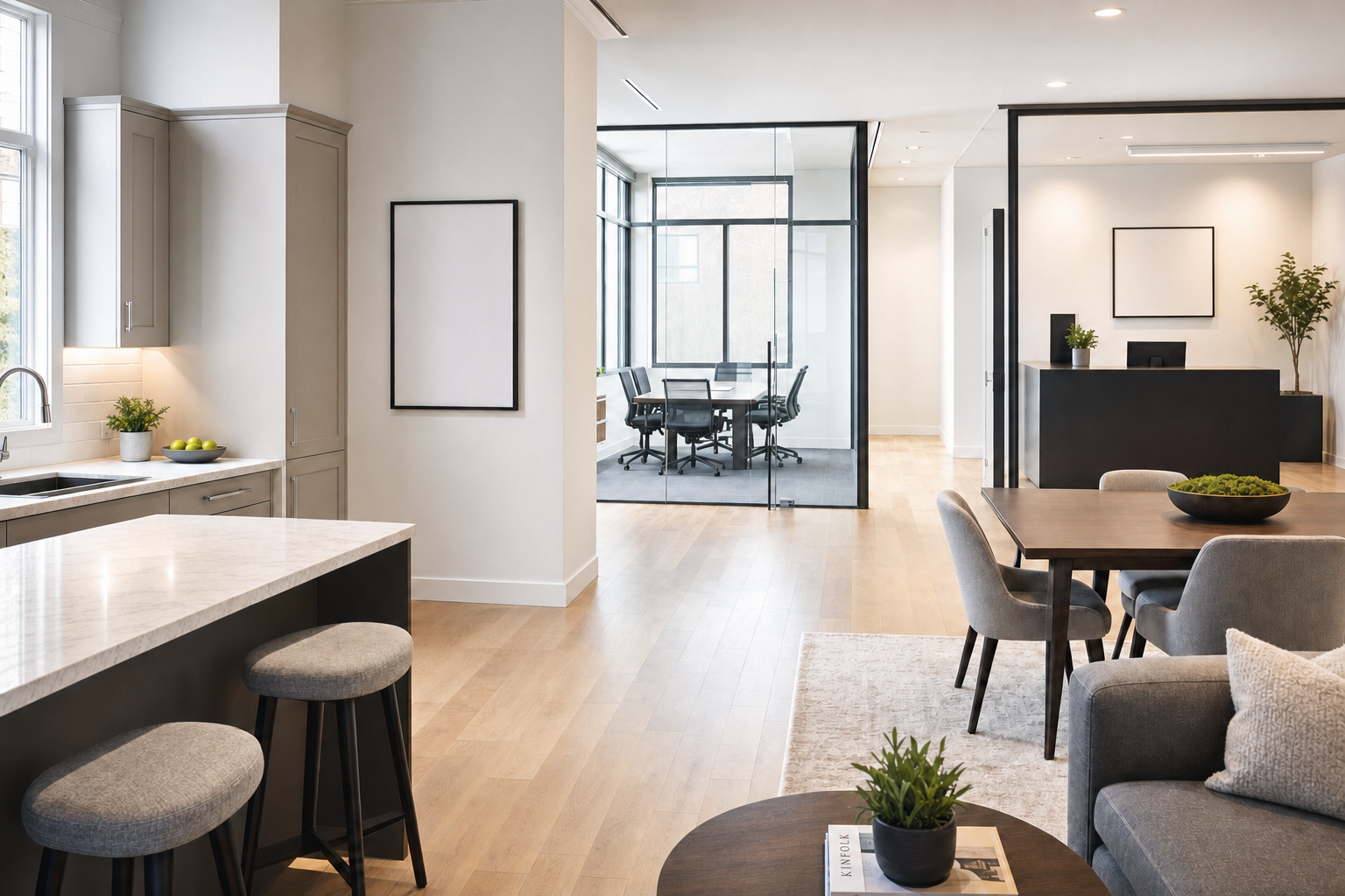 Modern open-plan office with a kitchen area, meeting room with glass walls, and a reception desk.