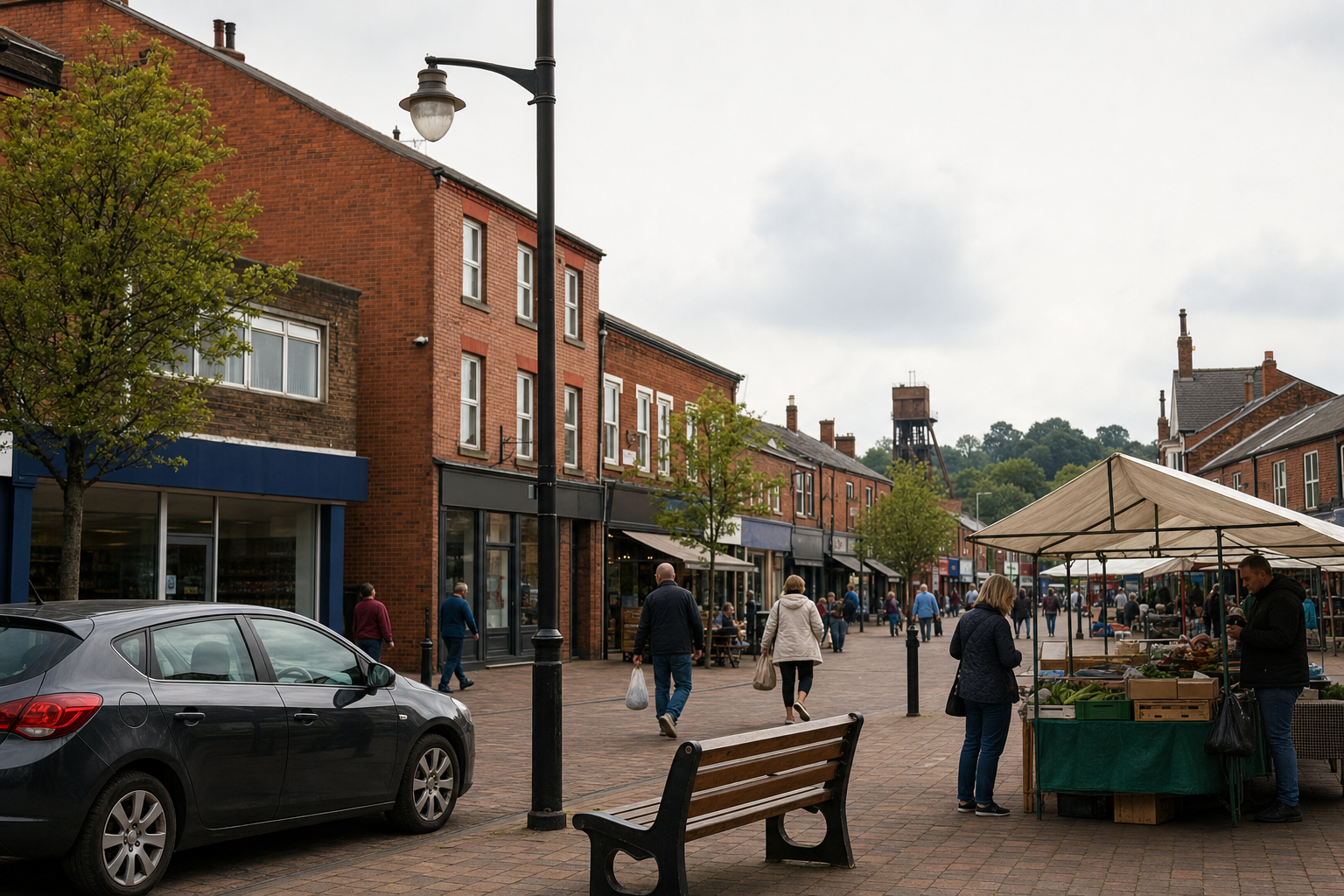 A bustling market street scene with people shopping at stalls and walking past brick buildings.