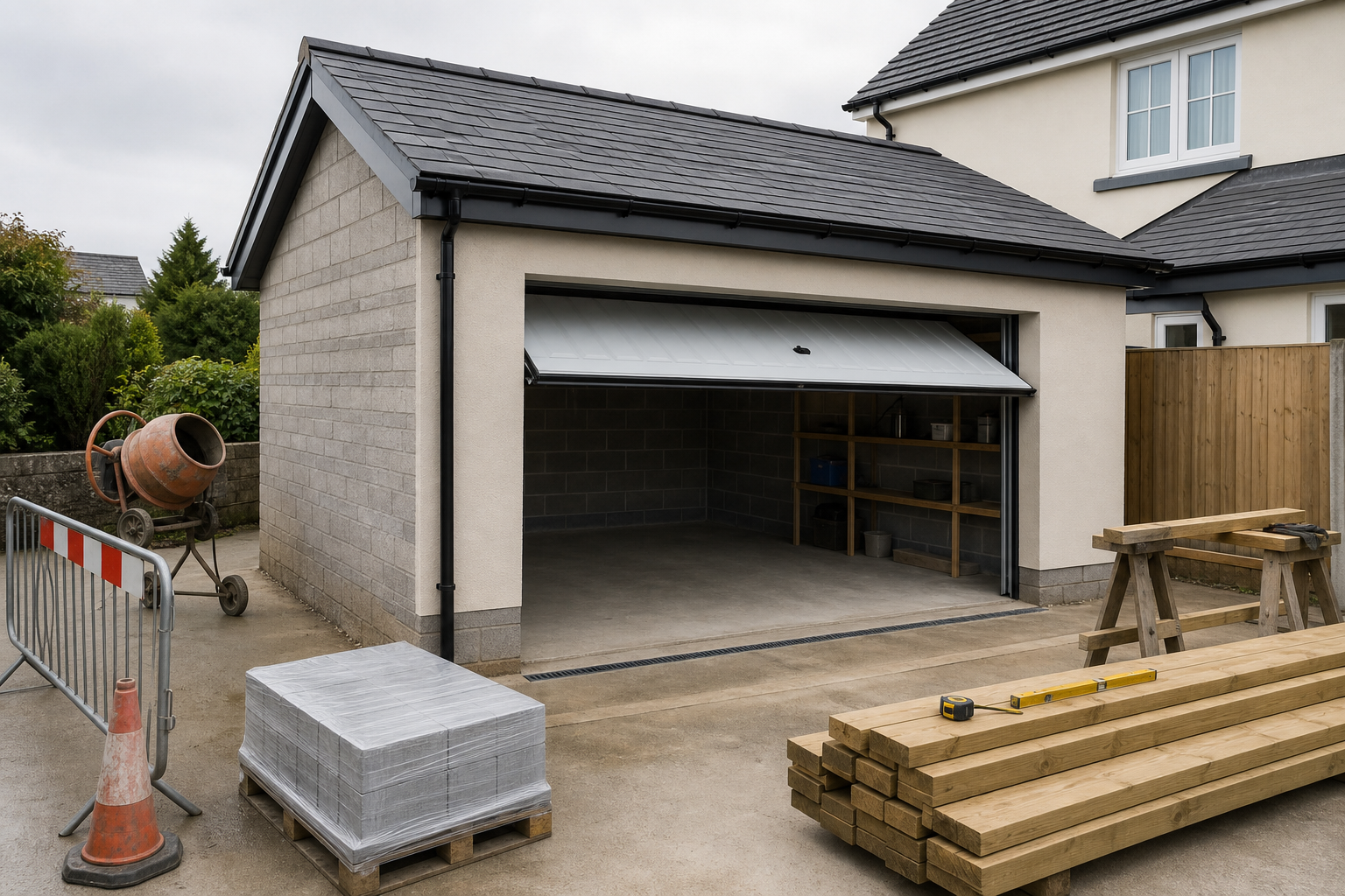 Open garage with construction materials and tools outside.