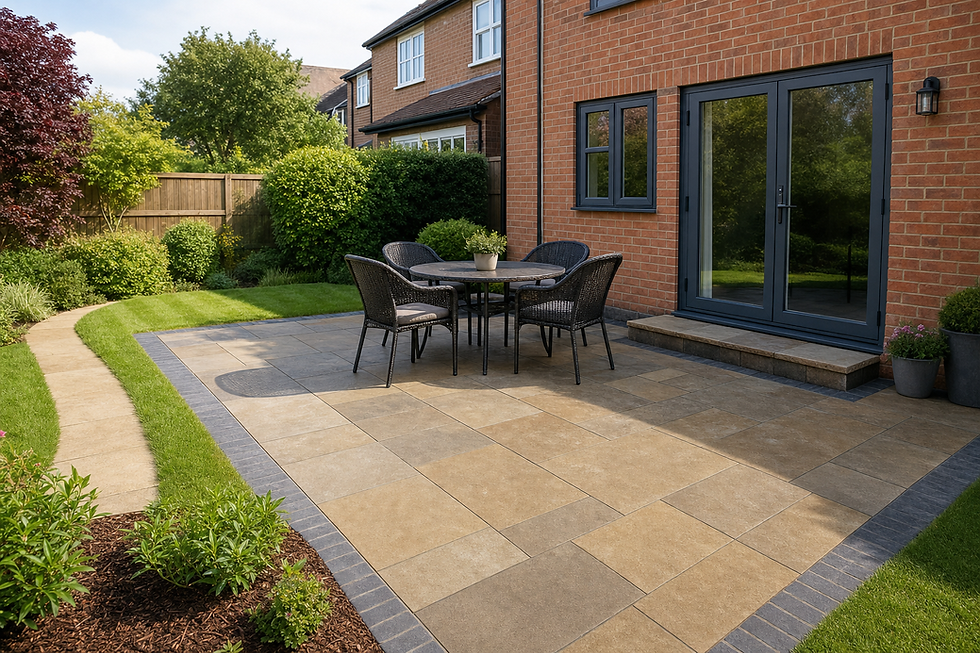 A patio with a round table and four chairs, surrounded by a lush garden and brick house.