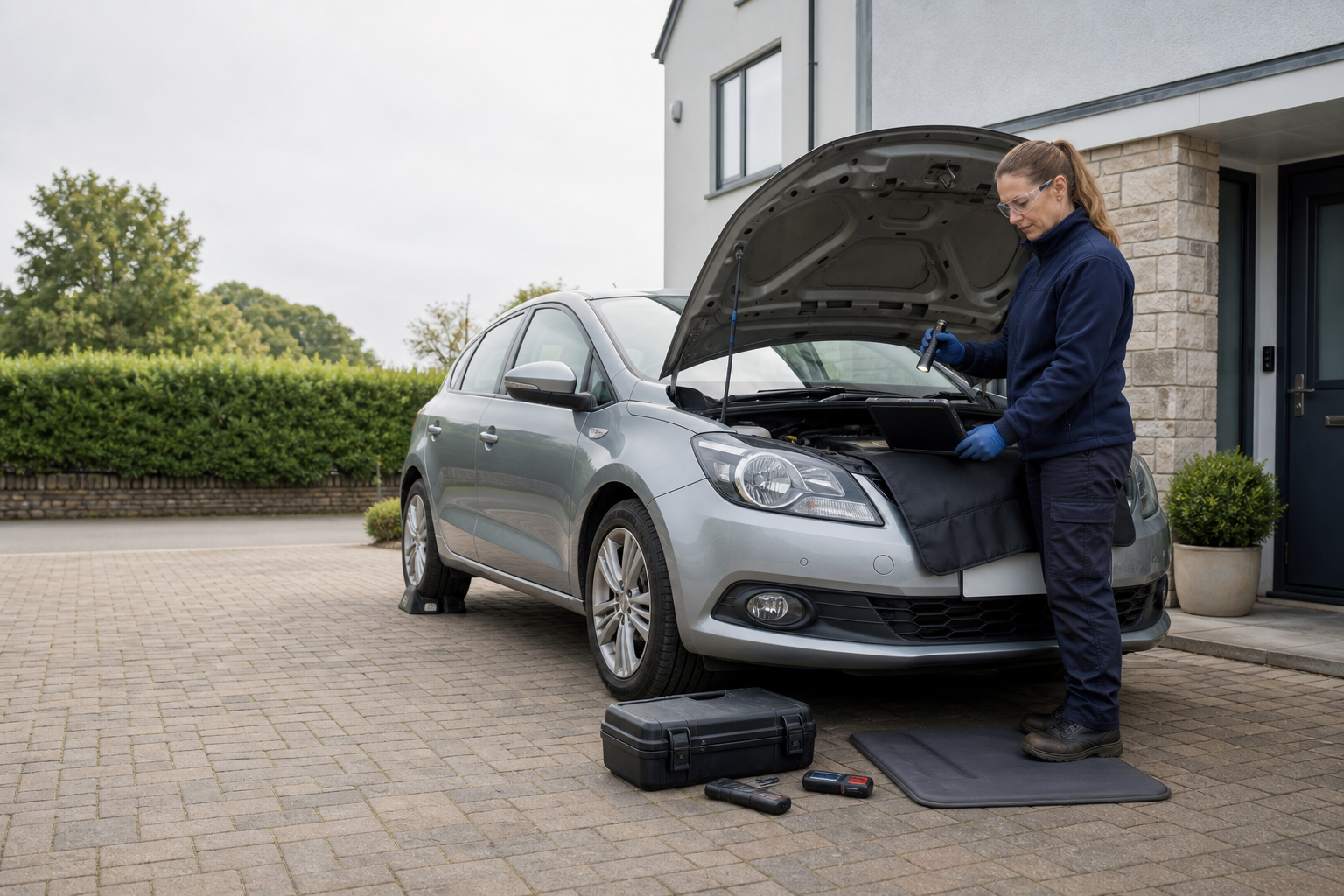 Person working on a silver car engine with tools and laptop in a driveway setting.