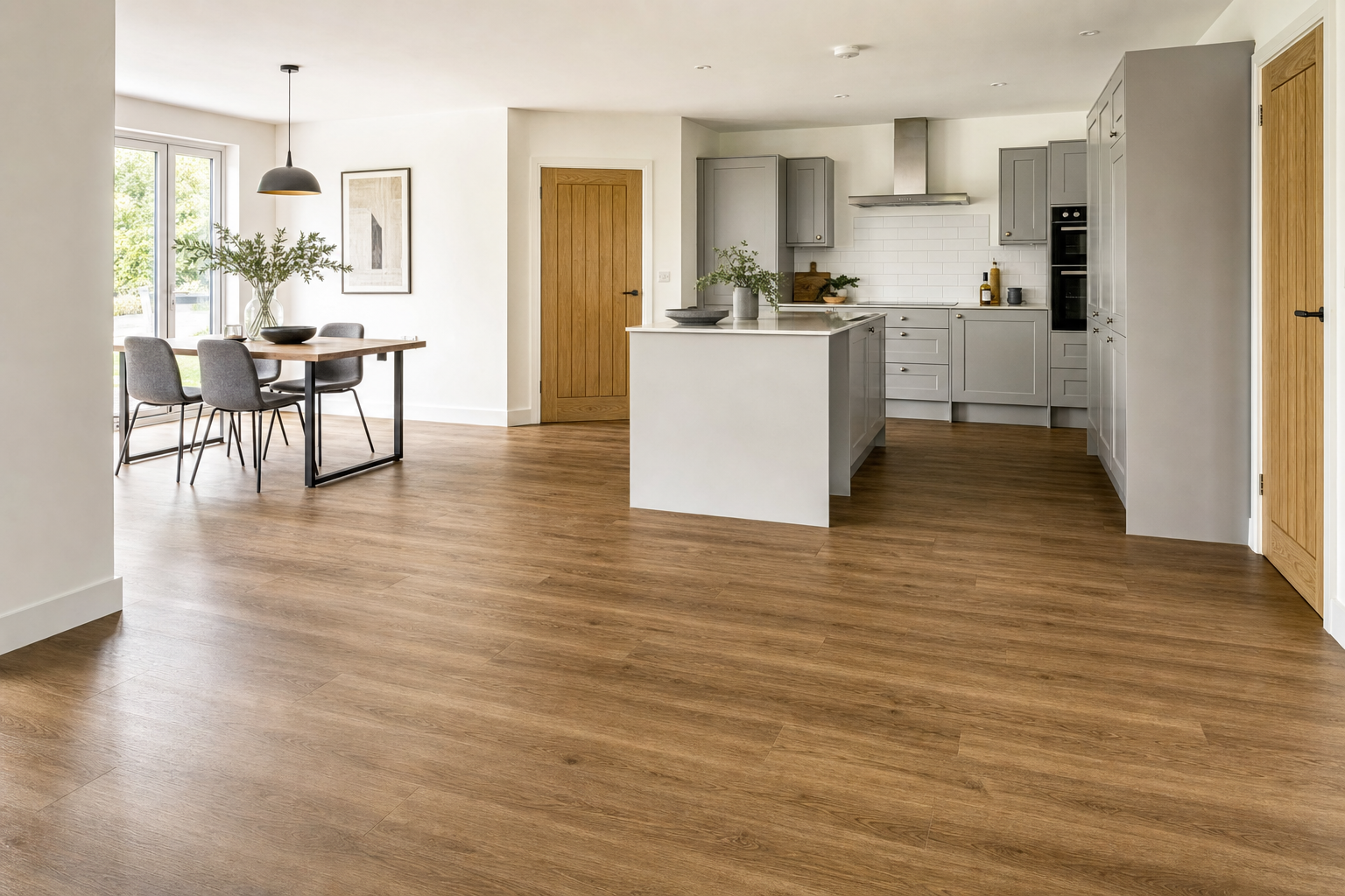 Modern kitchen and dining area with light grey cabinets, wooden doors, and a sleek table set on polished wood flooring.