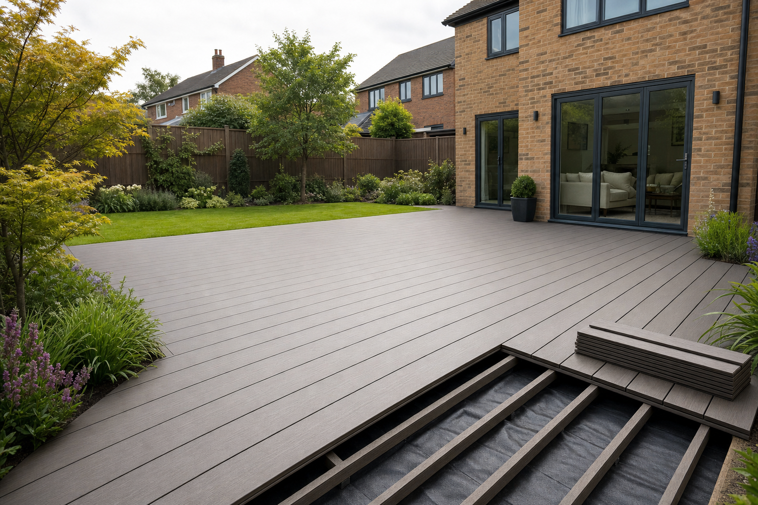 A modern composite deck installation in a neatly landscaped garden with a brick house in the background.