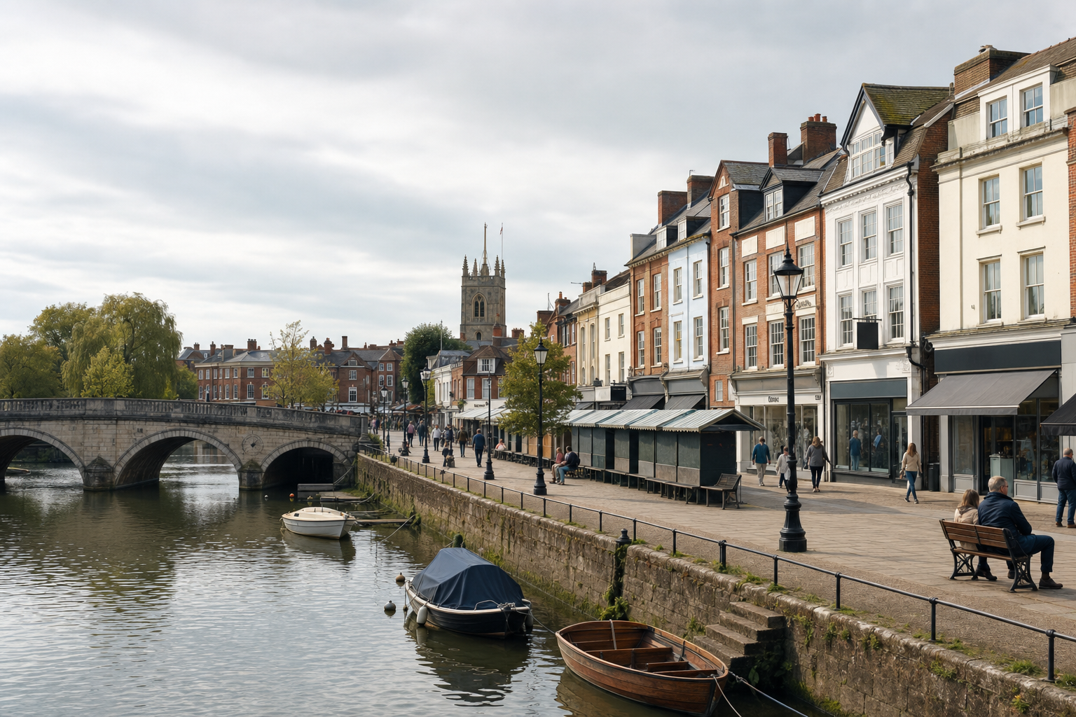 A riverside promenade with historic buildings and a stone bridge in the background, dotted with people and moored boats.