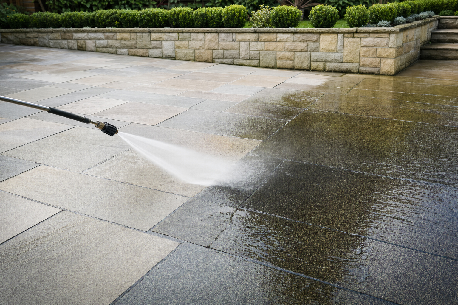 Jet washing a stone patio with a power washer, partially cleaning the surface.