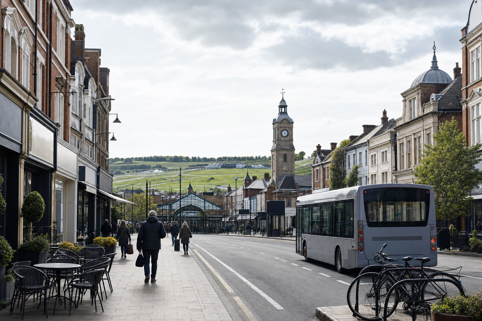 High street scene with people walking, a bus driving, and a clock tower in the background under a cloudy sky.