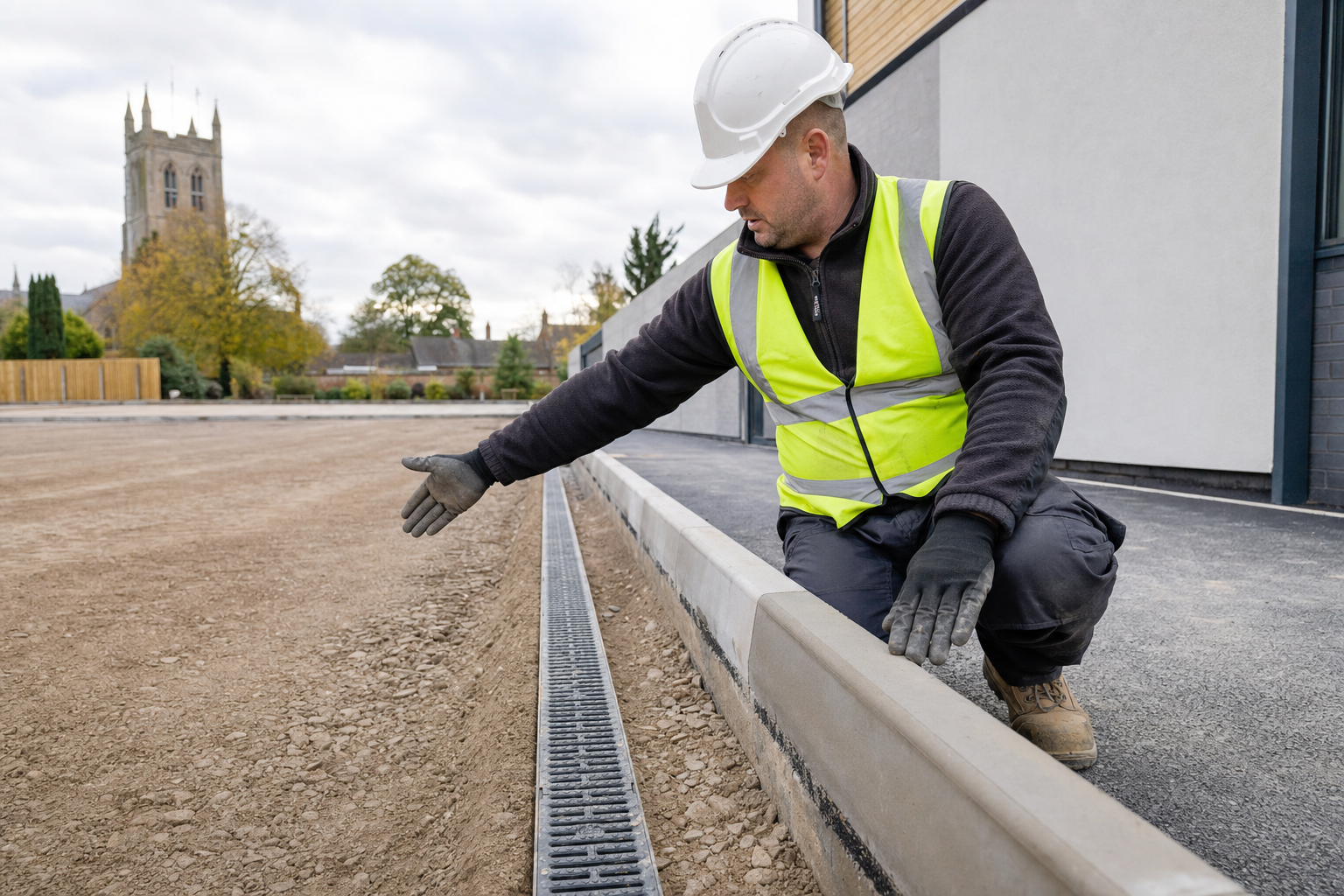 Construction worker in a high-vis vest and hard hat inspecting a drainage system on a newly paved site.