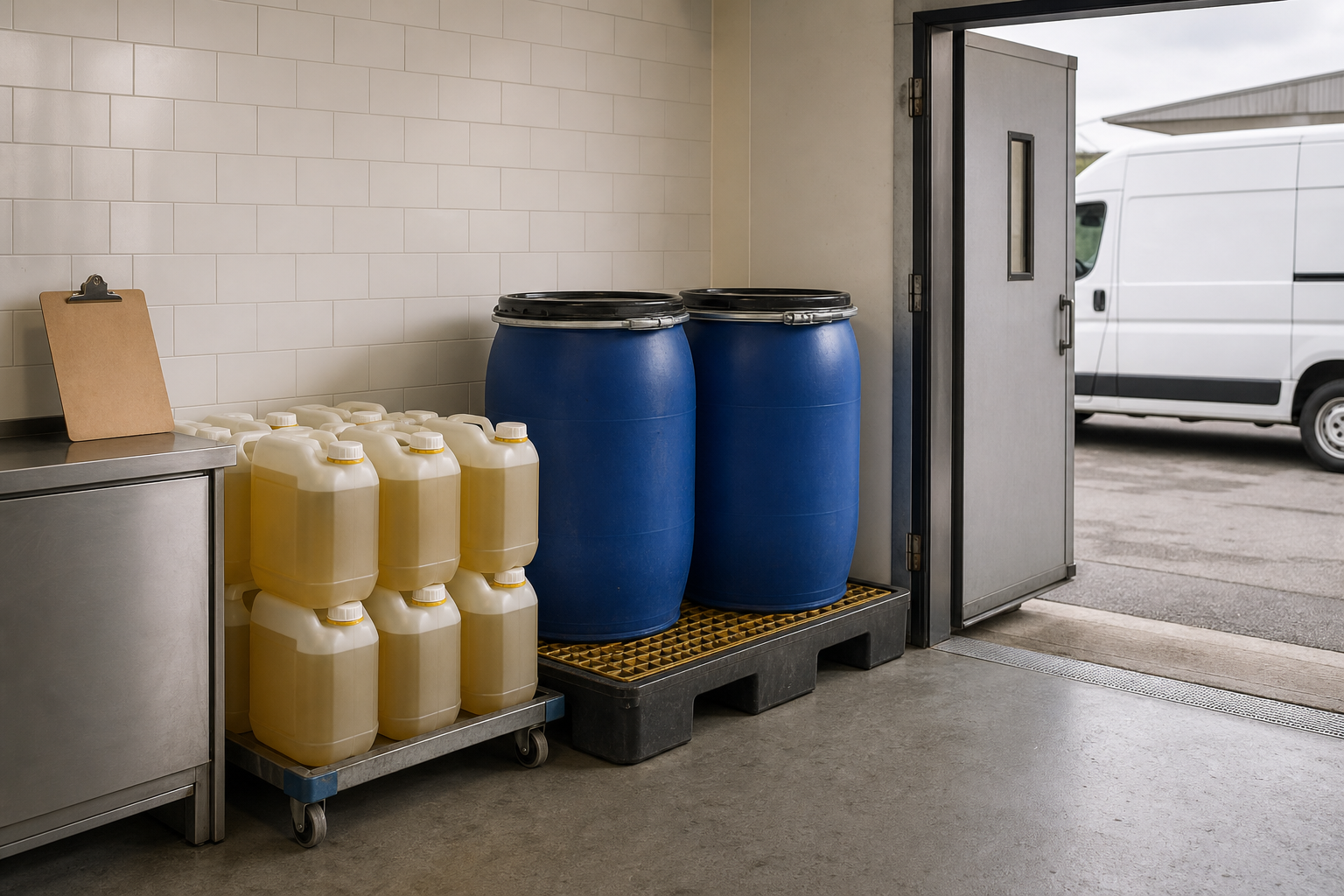 Industrial storage area with stacked yellow containers, blue barrels, and an open door leading outside to a white van.