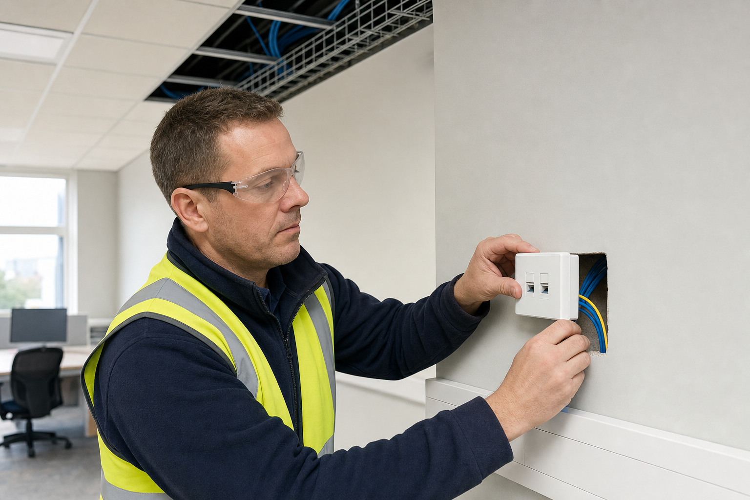 Electrician wearing safety gear installs a network socket in an office wall.