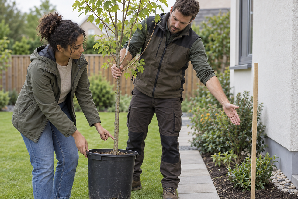 Two people planting a young tree in a garden next to a house, discussing its placement.