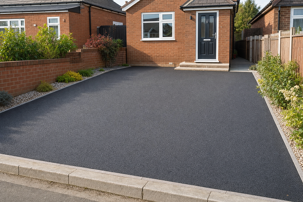 A neatly paved driveway leads up to a brick house with a navy blue door, surrounded by tidy garden beds.
