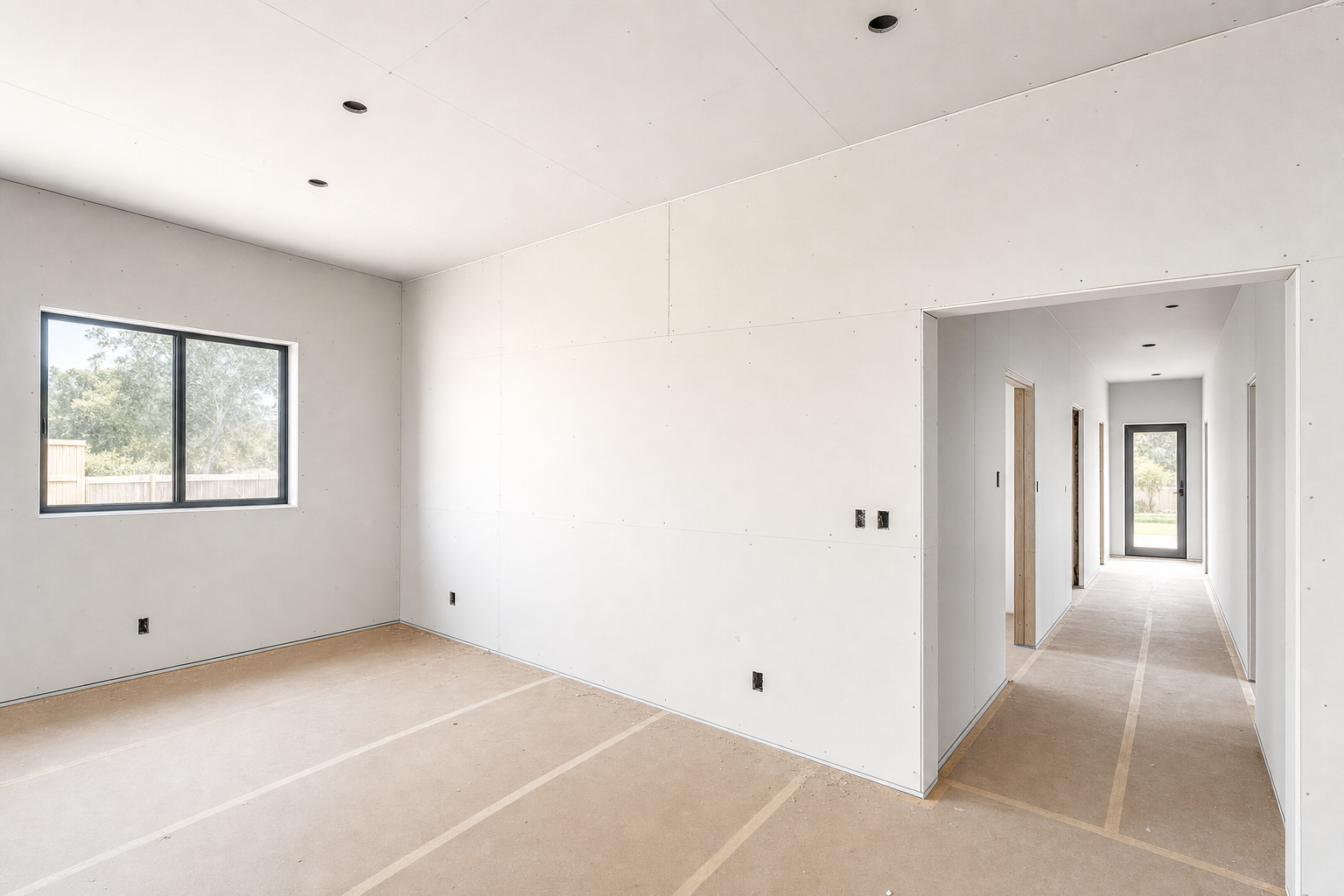Unfinished interior room with drywall, a window, and a hallway leading to a door with an outdoor view.