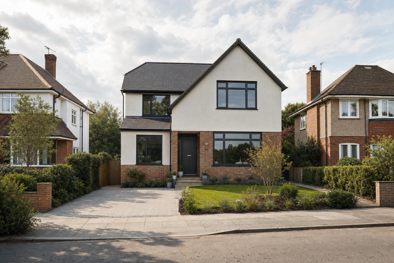 A modern two-storey suburban house with a front garden and driveway on a sunny day.