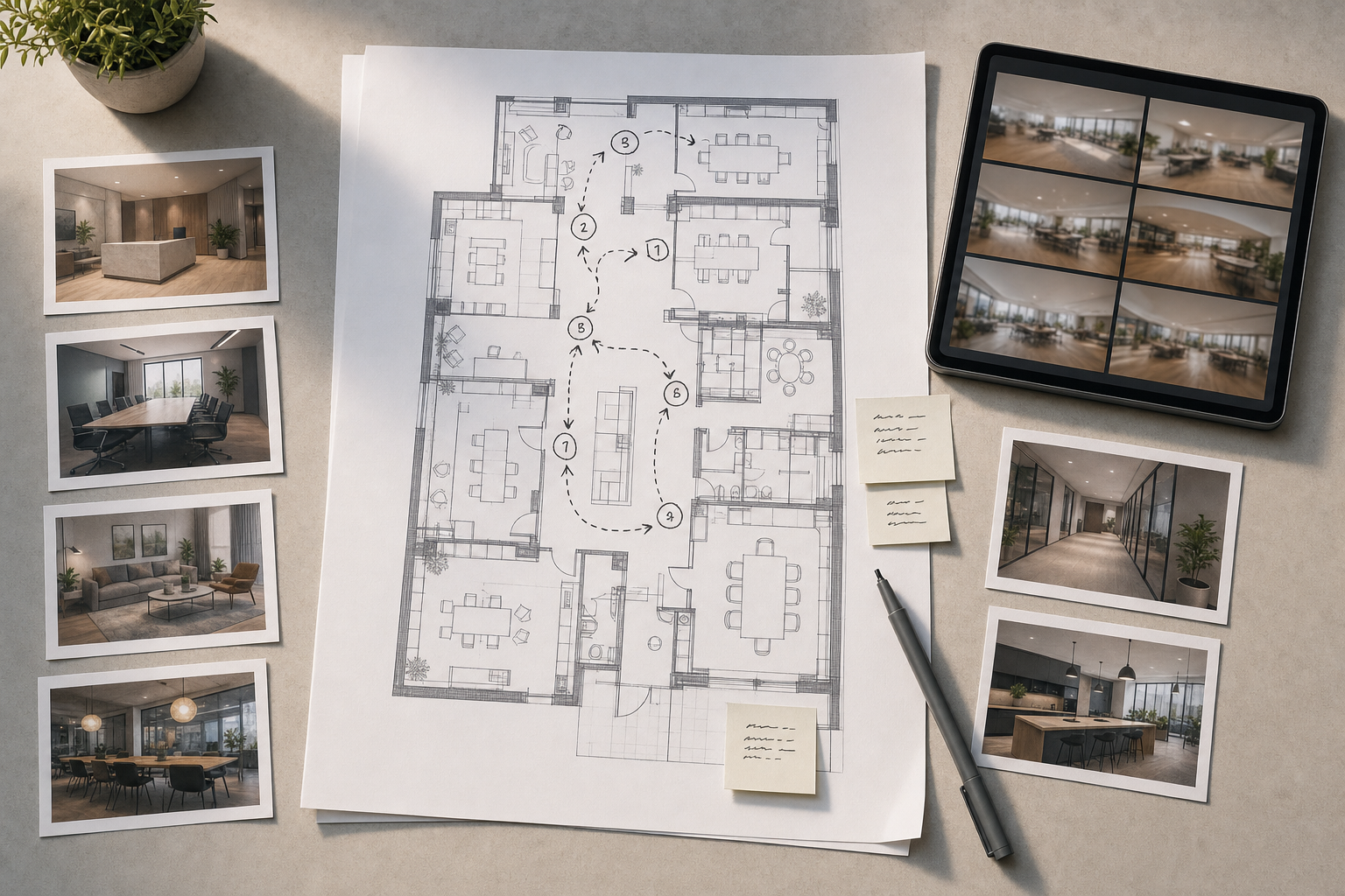 Architectural floor plan surrounded by room photographs and a tablet displaying interior designs.