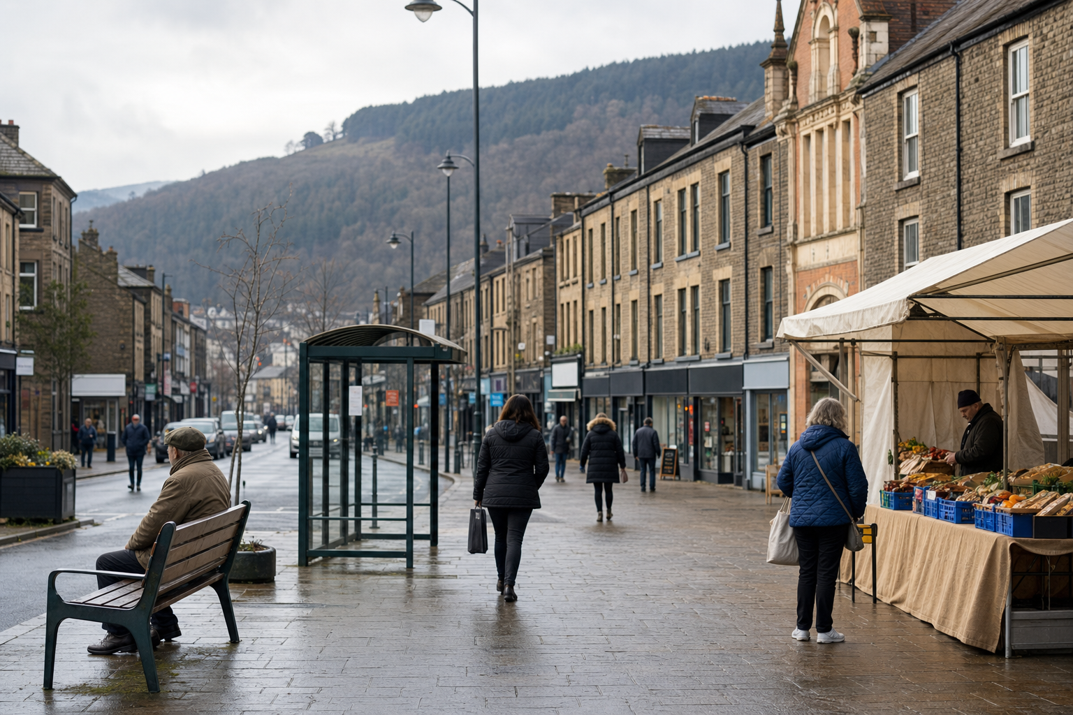 People walking along a wet street in a small town, passing a market stall with fresh produce and a bus stop shelter.