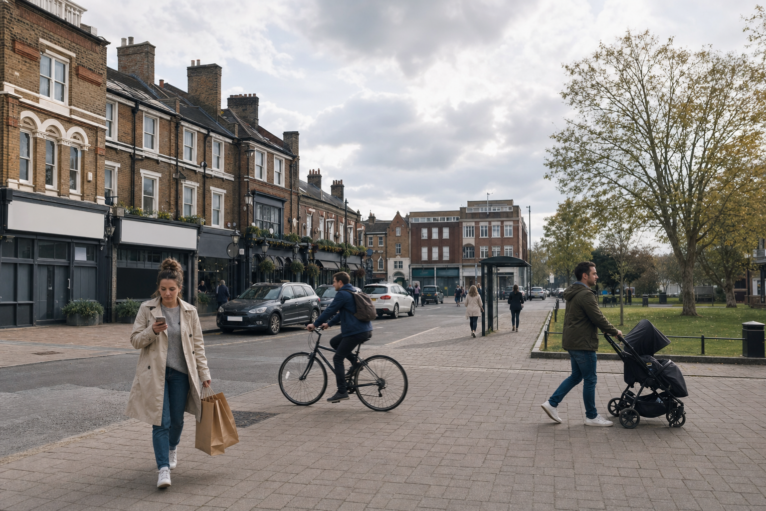 People walking and cycling on a bustling street lined with brick buildings and parked cars on a cloudy day.