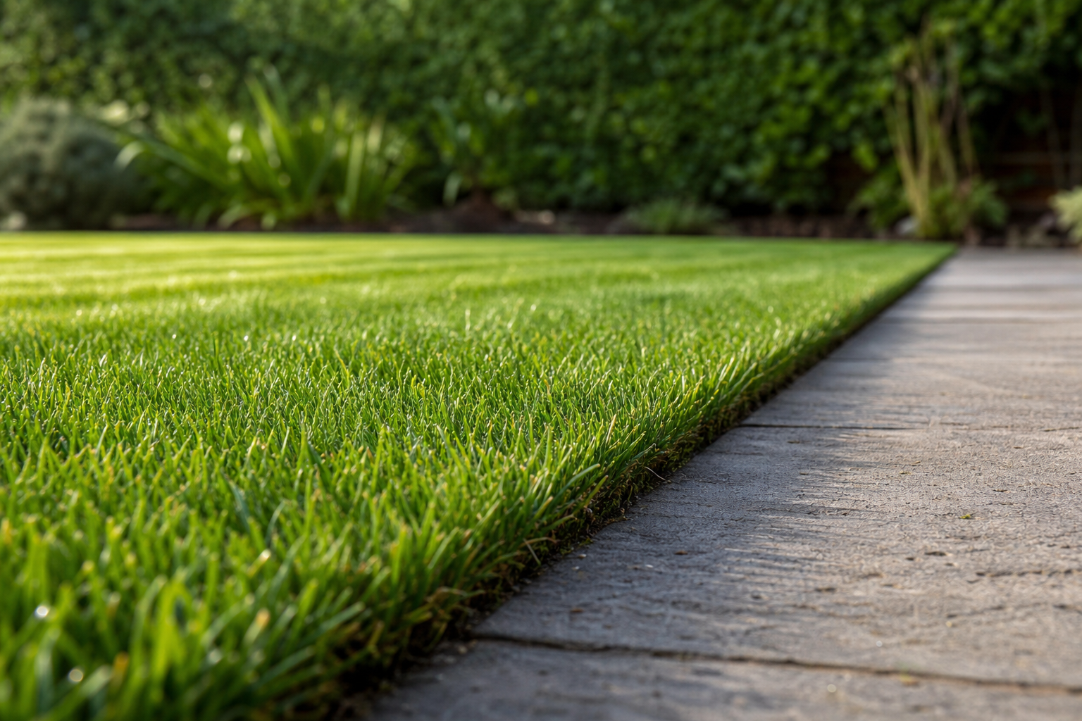 Close-up of a neatly trimmed grass lawn bordering a paved garden path with lush greenery in the background.