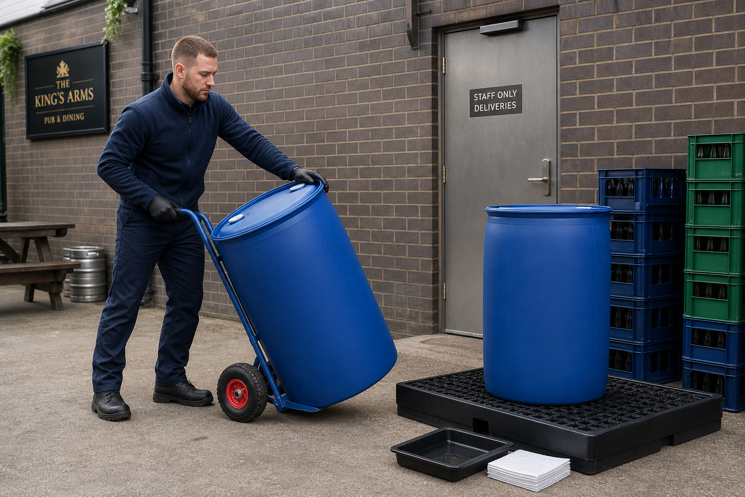Man in blue uniform moving large blue barrel on a dolly outside "The King's Arms" pub delivery area.