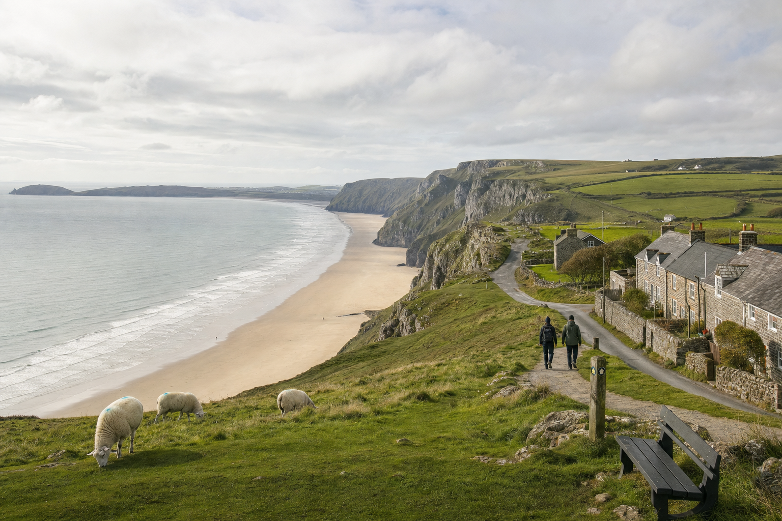 Coastal path with grazing sheep, overlooking a sandy beach and cliffs, with two people walking past stone cottages.