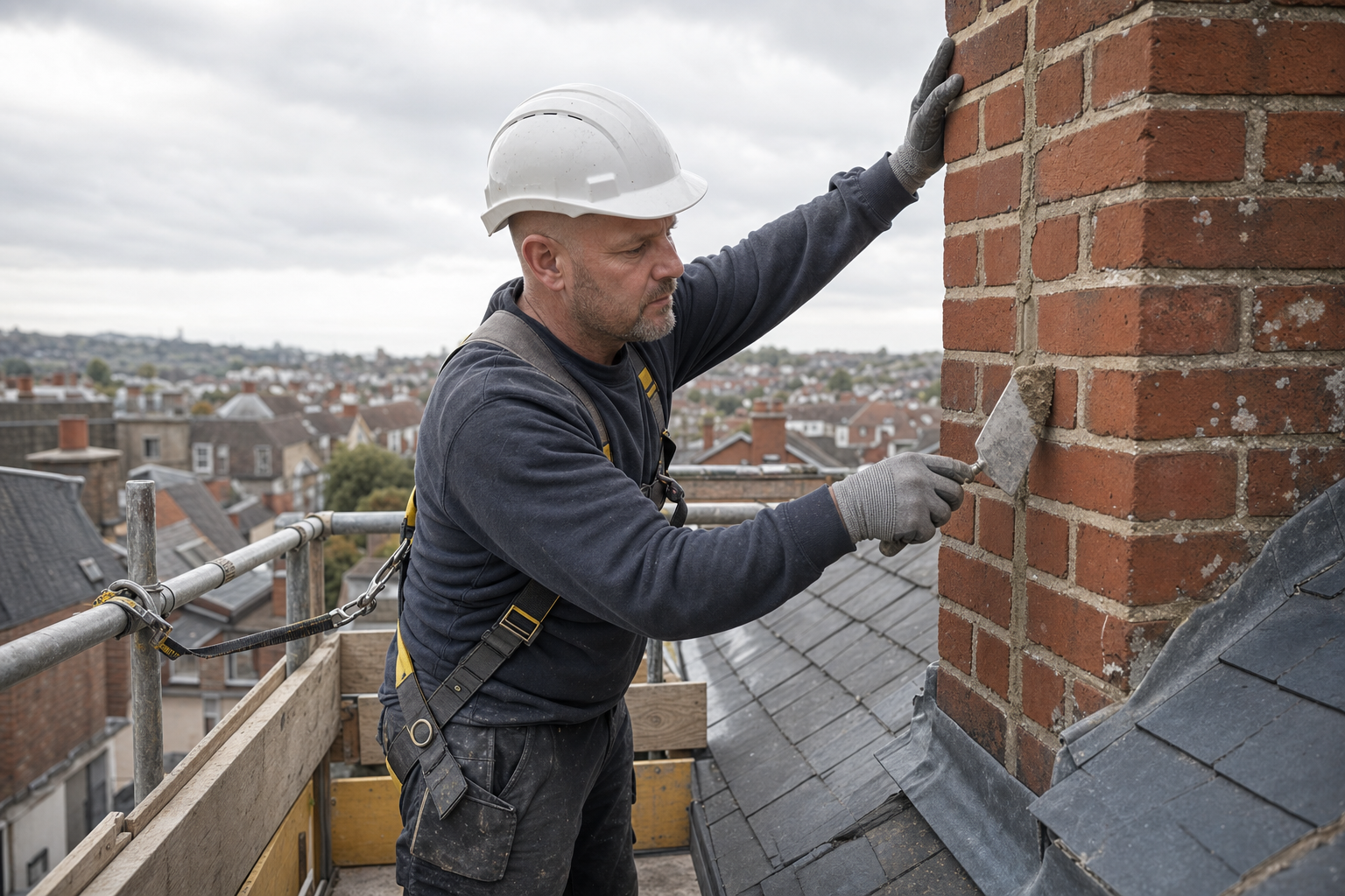 Roofer repairing a brick chimney with a trowel, wearing a safety harness and hard hat, overlooking a residential area.